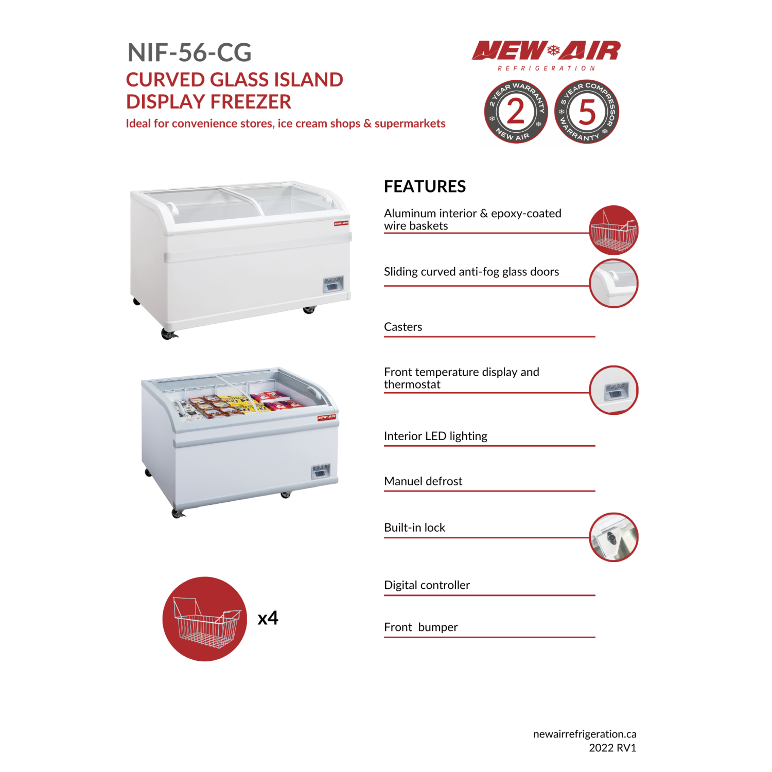 NEW AIR NIF-56-CG Commercial 56" Curved Glass 13 Cu. Ft. Ice Cream Freezer