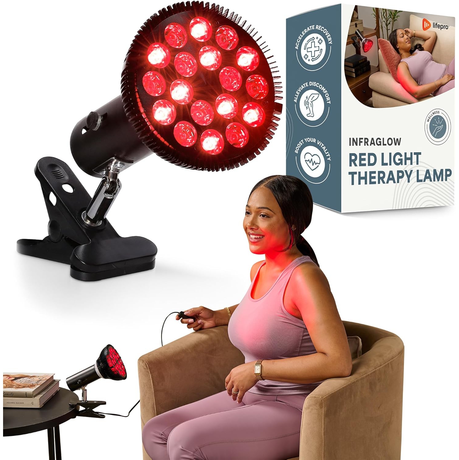 InfraGlow NIR & Red Light Therapy Lamp - 18 LED à pince pour thérapie par lumière rouge à domicile, soulagement de la douleur, bien-être de la peau
