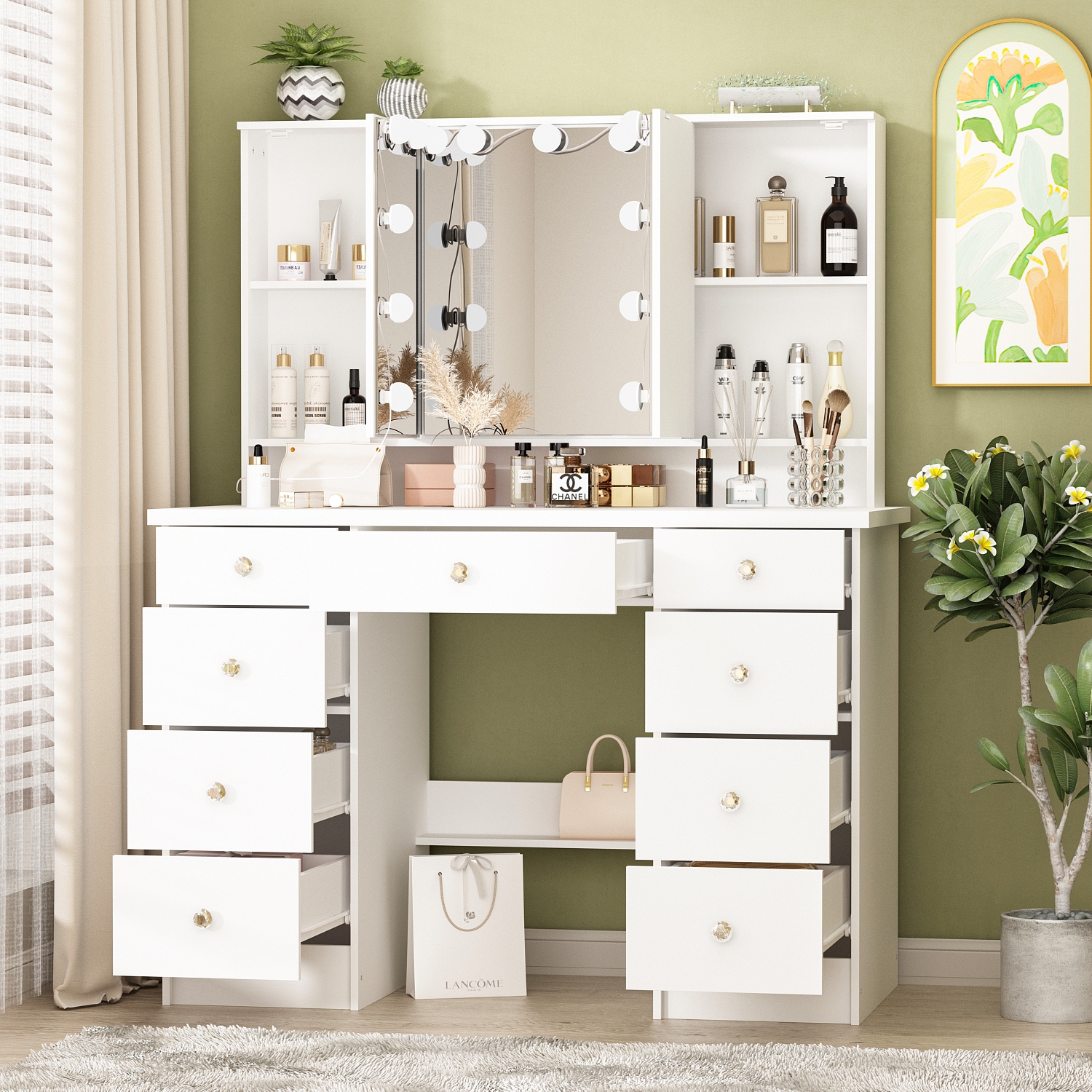 Famapy Vanity Desk Set Makeup Table with Large Three-color Illuminated Mirror, Dressing Table with 9 Drawers, Storage Shelves for Bedroom(43.3" W x