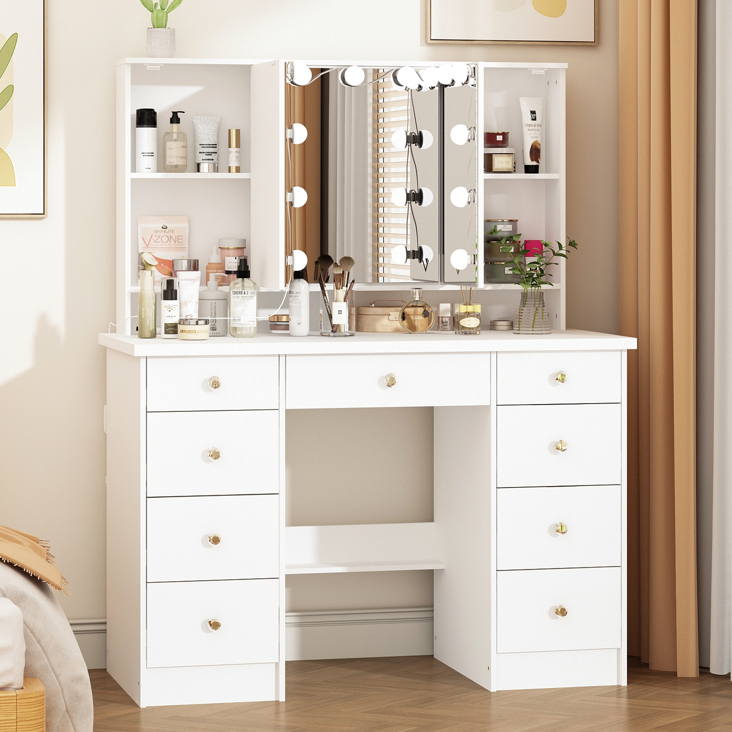 Famapy Vanity Desk Set Makeup Table with Large Three-color Illuminated Mirror, Dressing Table with 9 Drawers, Storage Shelves for Bedroom(43.3" W x