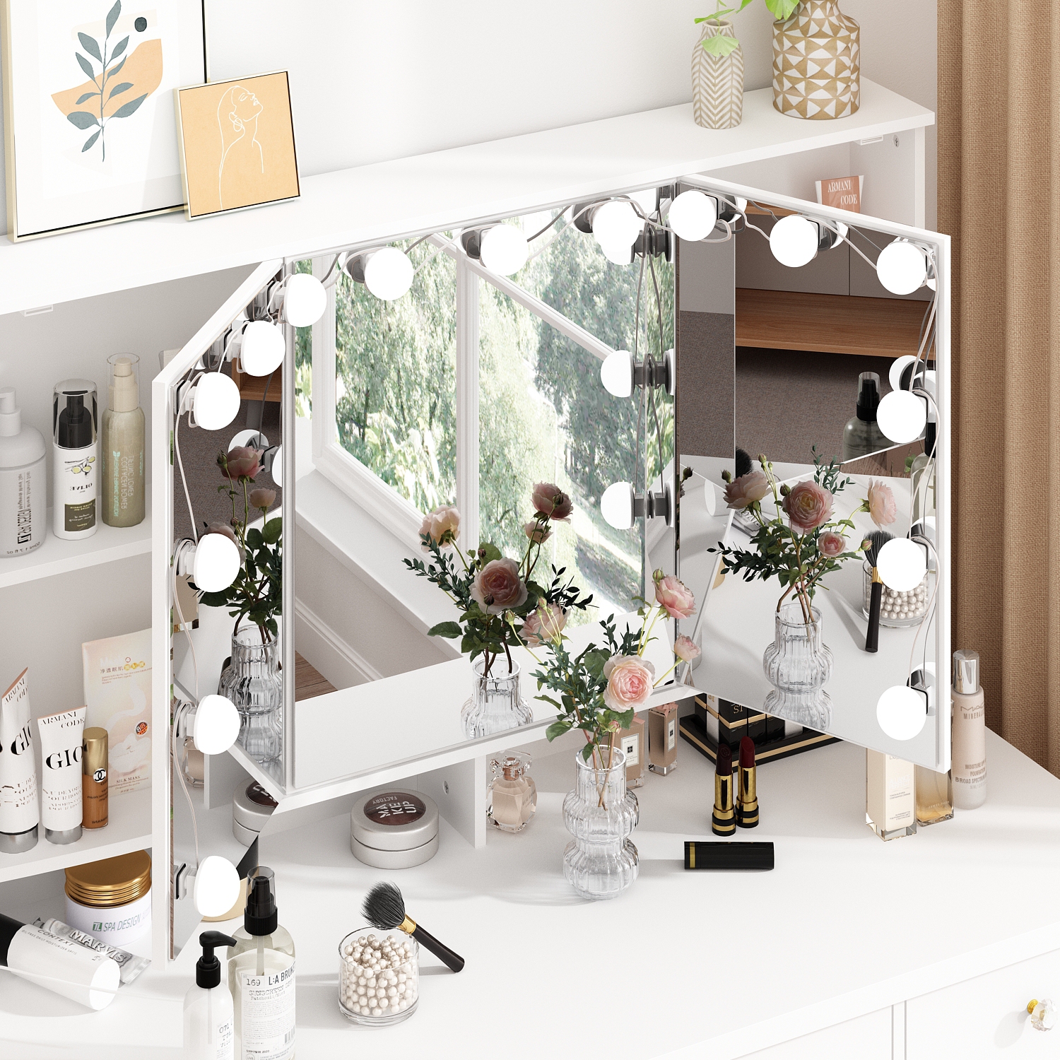 Famapy Vanity Desk Set Makeup Table with Large Three-color Illuminated Mirror, Dressing Table with 9 Drawers, Storage Shelves for Bedroom(43.3" W x