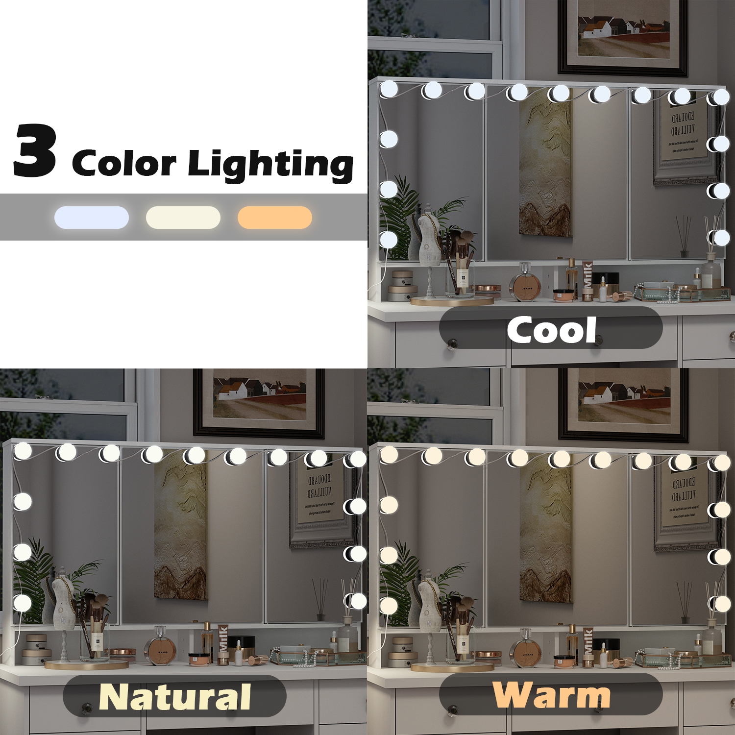 Famapy Vanity Desk Set Makeup Table with Large Three-color Illuminated Mirror, Dressing Table with 9 Drawers, Storage Shelves for Bedroom(43.3" W x