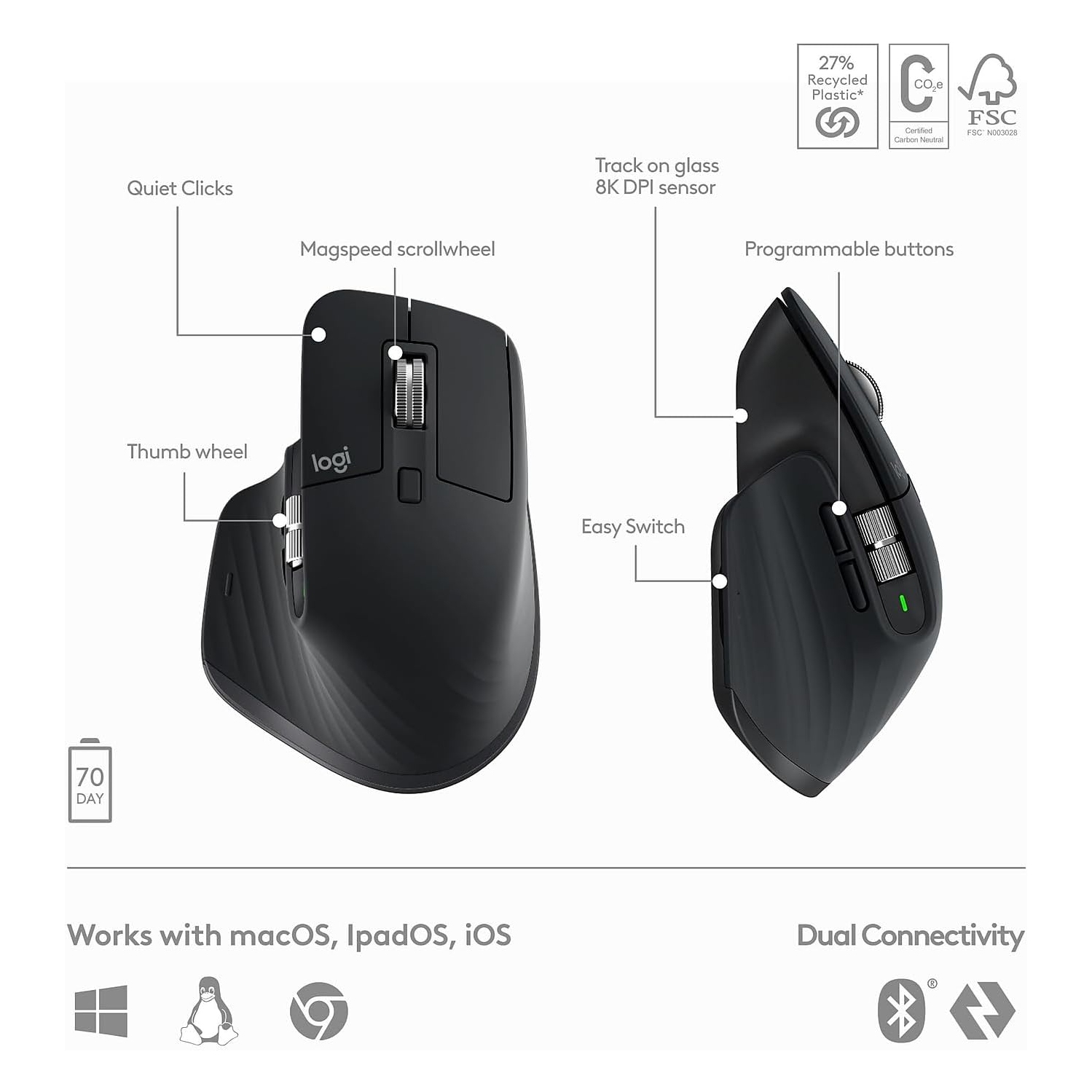 Ensemble clavier et souris sans fil de performance MX Keys S de Logitech avec repose-poignets - Noir