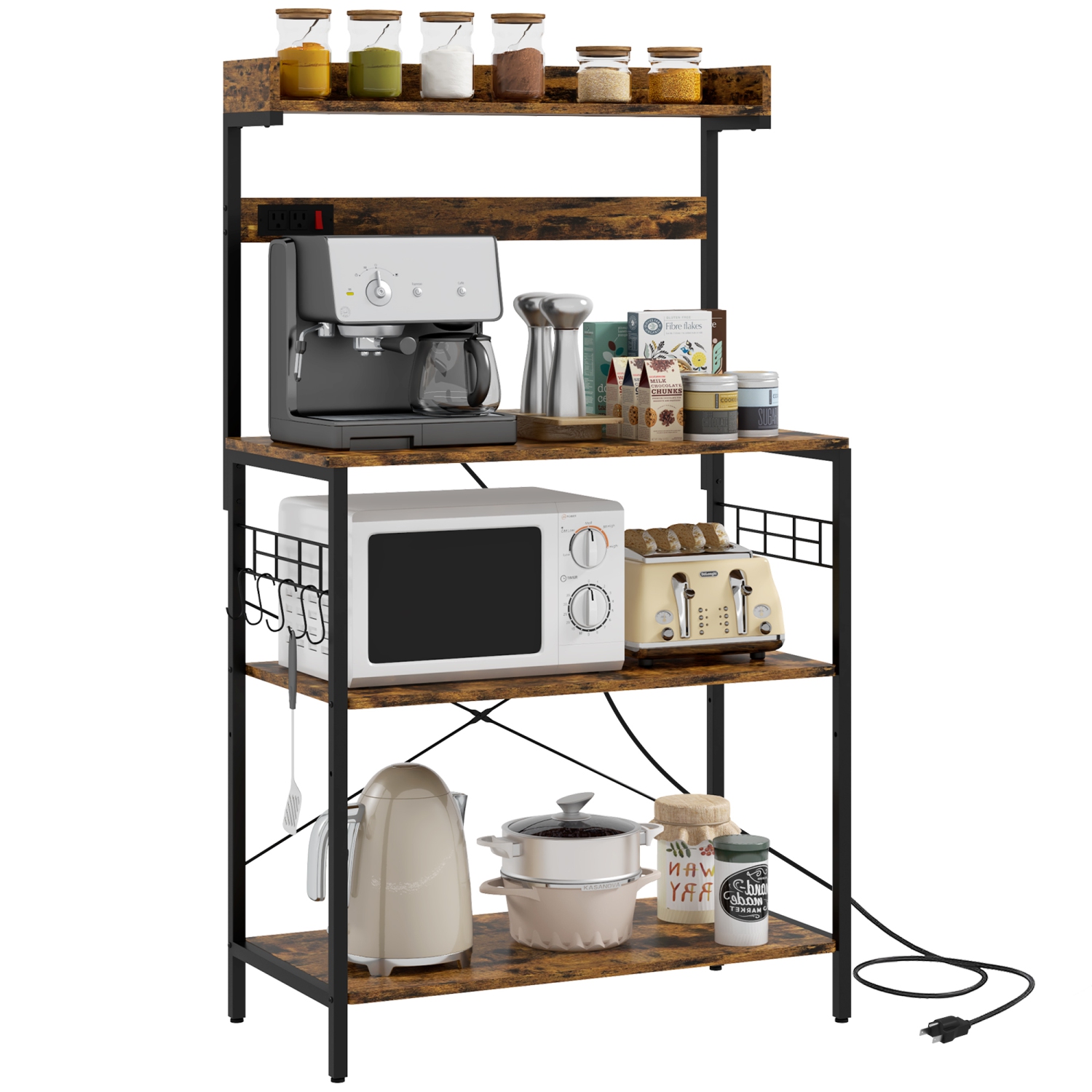 HOMCOM Kitchen Bakers Rack with Power Outlet, Microwave Stand, Coffee Bar with Adjustable Shelves, 5 Hooks for Spices, Pots and Pans, Rustic Brown