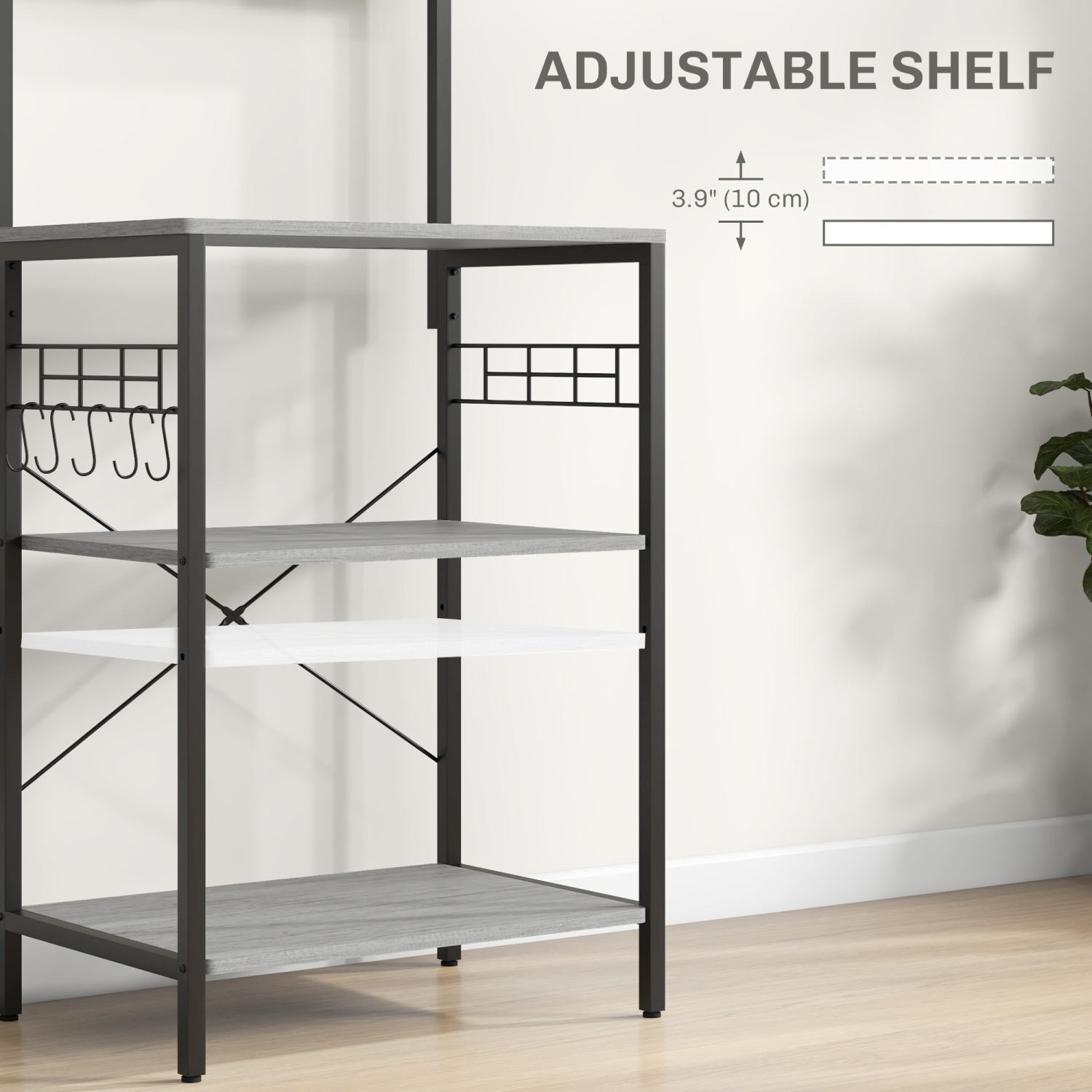 HOMCOM Kitchen Bakers Rack with Power Outlet, Microwave Stand, Coffee Bar with Adjustable Shelves, 5 Hooks for Spices, Pots and Pans, Distressed Grey