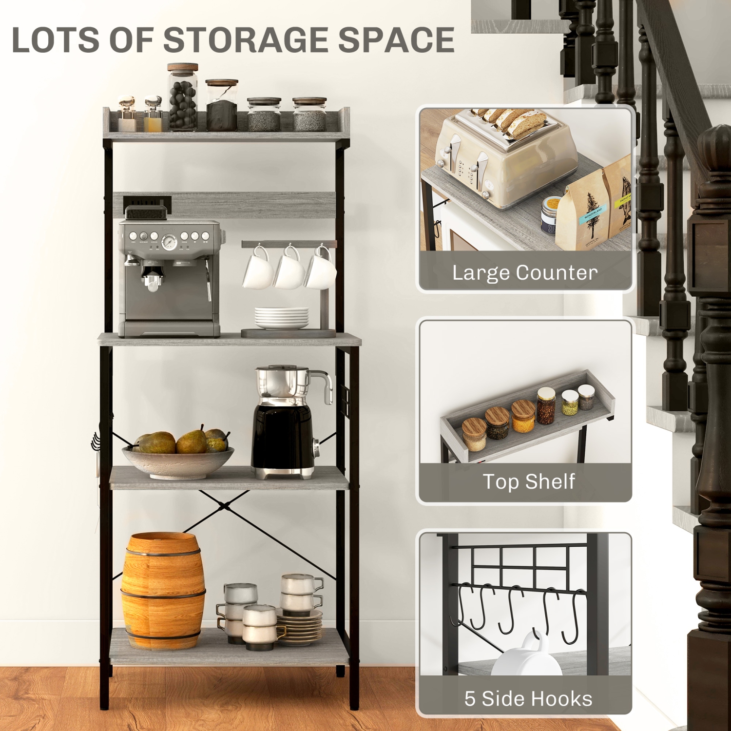 HOMCOM Kitchen Bakers Rack with Power Outlet, Microwave Stand, Coffee Bar with Adjustable Shelves, 5 Hooks for Spices, Pots and Pans, Distressed Grey