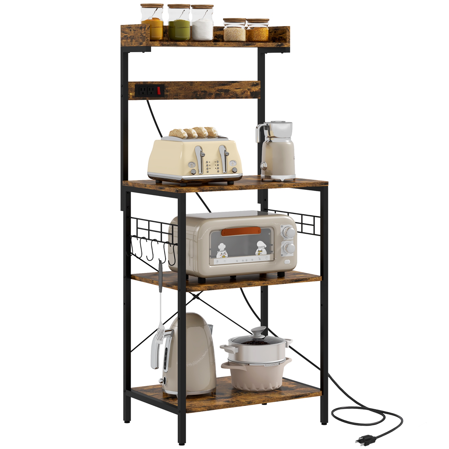 HOMCOM Kitchen Bakers Rack with Power Outlet, Microwave Stand, Coffee Bar with Adjustable Shelves, 5 Hooks for Spices, Pots and Pans, Rustic Brown