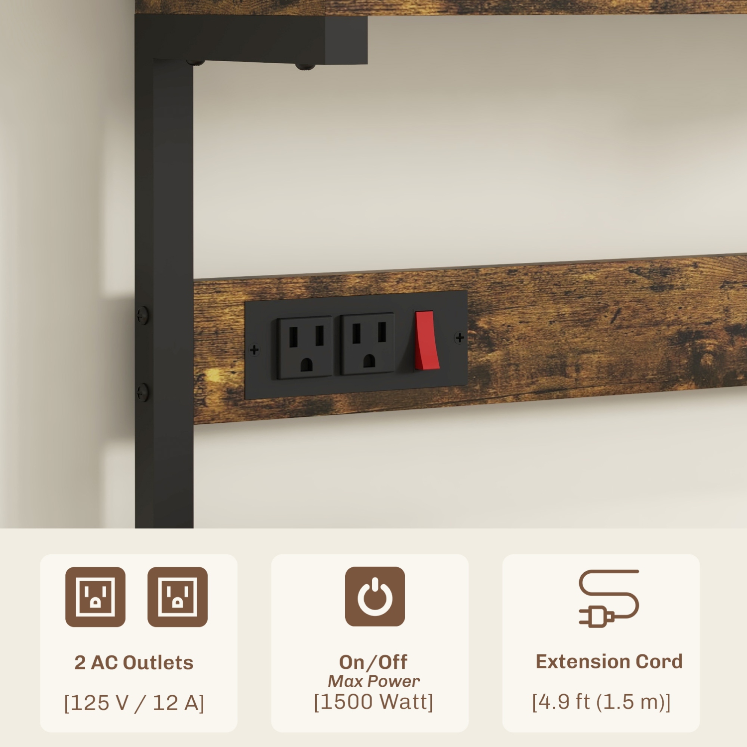 HOMCOM Kitchen Bakers Rack with Power Outlet, Microwave Stand, Coffee Bar with Adjustable Shelves, 5 Hooks for Spices, Pots and Pans, Rustic Brown