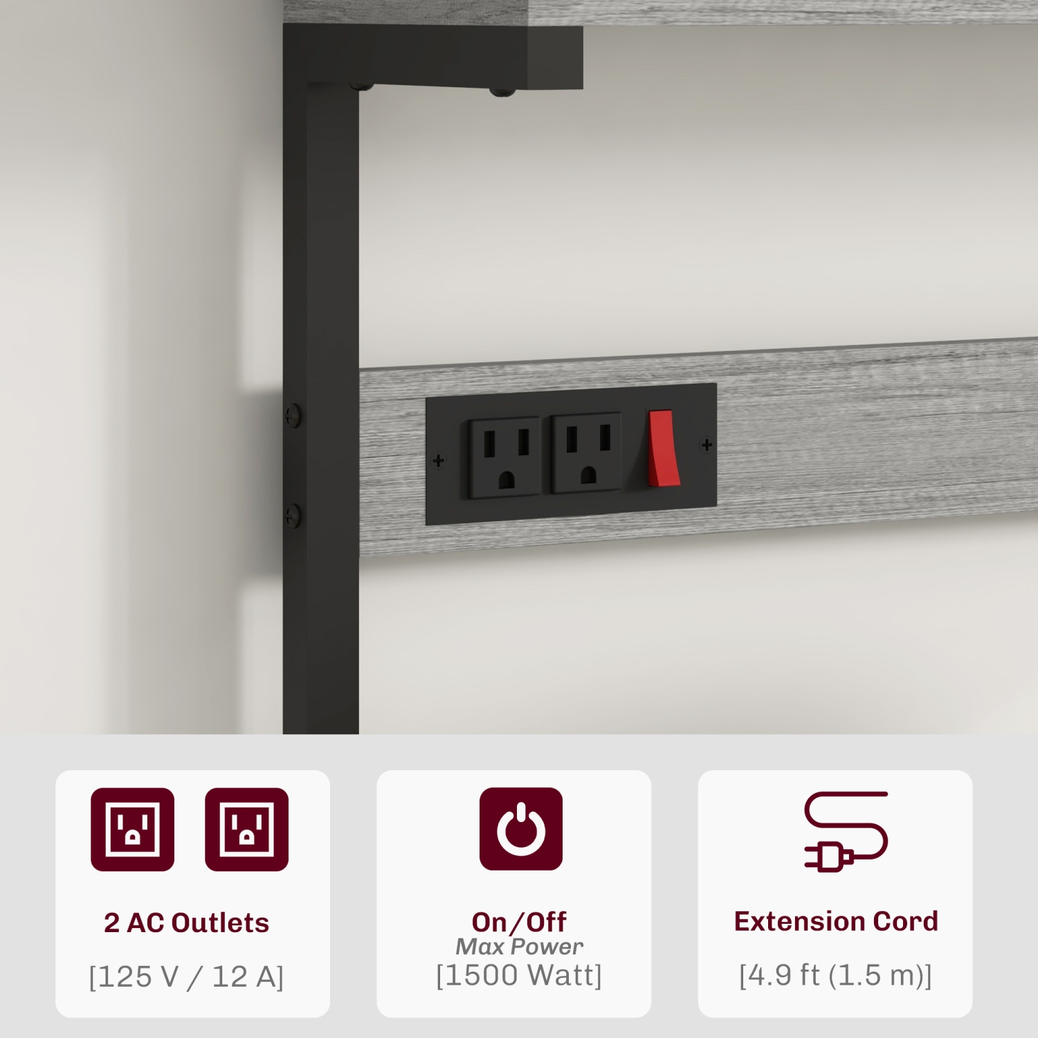 HOMCOM Kitchen Bakers Rack with Power Outlet, Microwave Stand, Coffee Bar with Adjustable Shelves, 5 Hooks for Spices, Pots and Pans, Distressed Grey