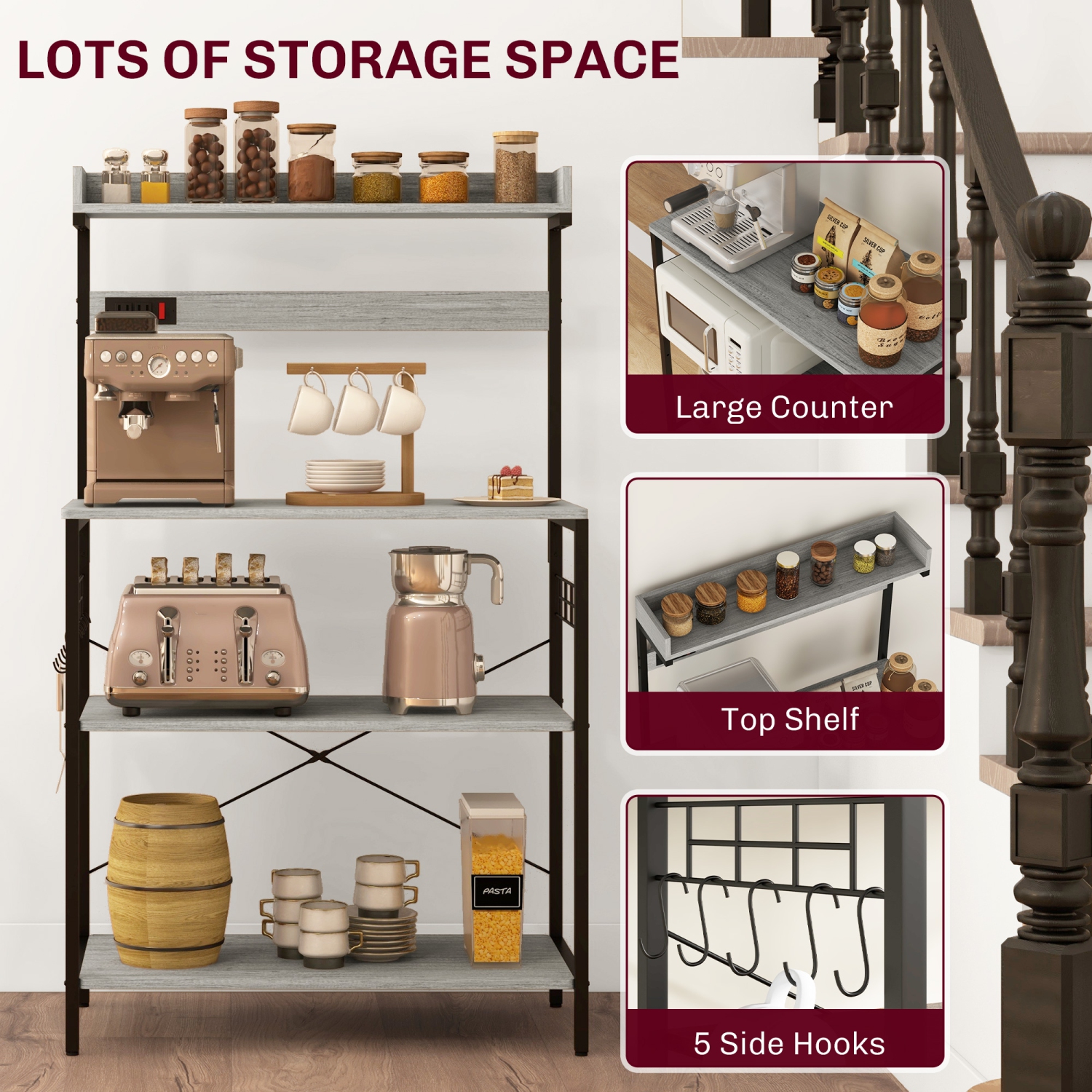 HOMCOM Kitchen Bakers Rack with Power Outlet, Microwave Stand, Coffee Bar with Adjustable Shelves, 5 Hooks for Spices, Pots and Pans, Distressed Grey