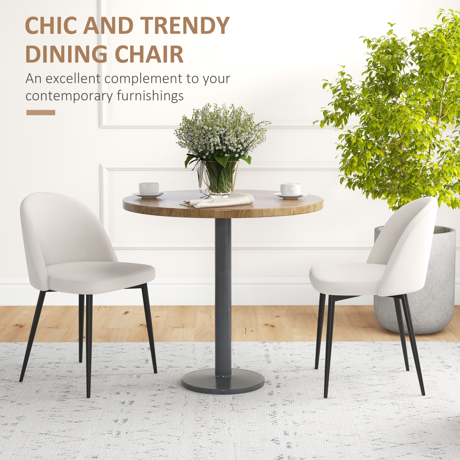 HOMCOM Modern Dining Chairs Set of 2, Mid-Back Velvet Upholstered Kitchen Chairs, Side Chair for Living Room, Dining Room, Cream White