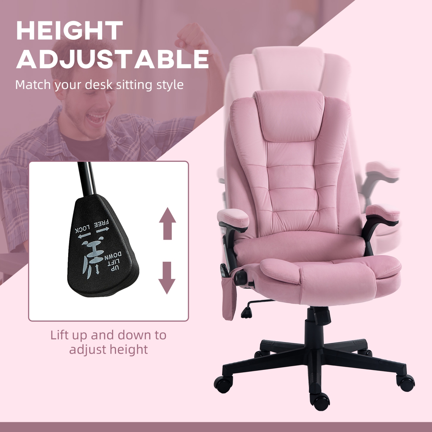 Vinsetto – Fauteuil de bureau de massage avec vibration en 6 points, fauteuil de direction inclinable en velours à dossier haut, roulettes