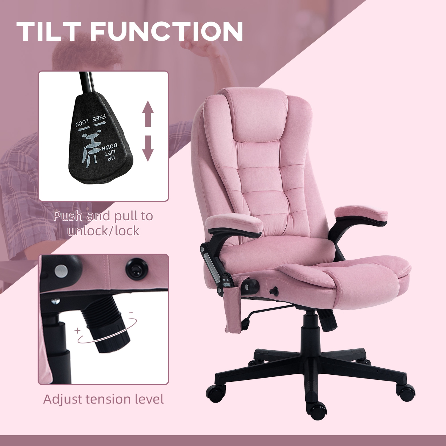 Vinsetto – Fauteuil de bureau de massage avec vibration en 6 points, fauteuil de direction inclinable en velours à dossier haut, roulettes