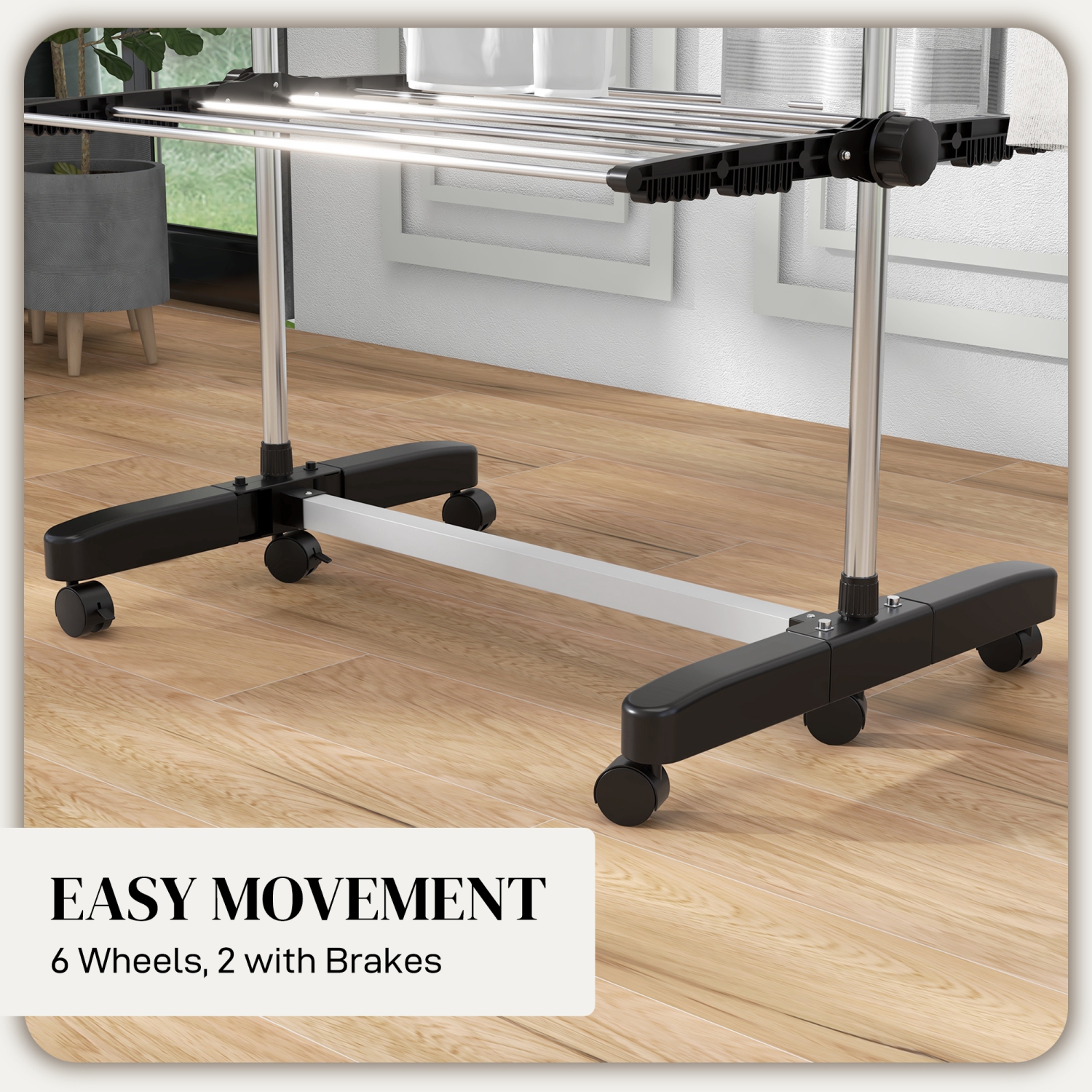 Support de séchage pliable à 4 niveaux de HOMCOM, panier de lavage en acier inoxydable avec 2 ailes latérales et 6 roulettes, accessoire repliable