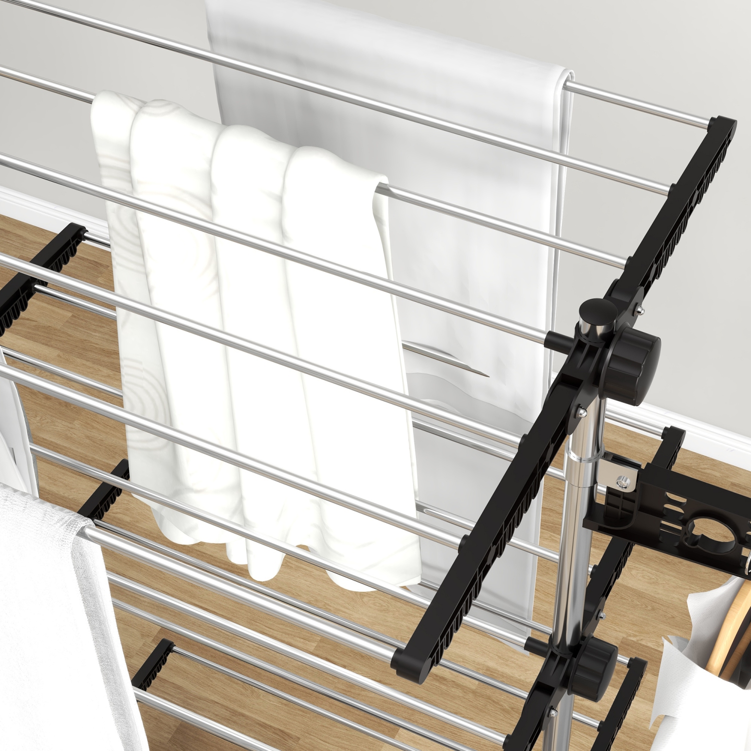 Support de séchage pliable à 4 niveaux de HOMCOM, panier de lavage en acier inoxydable avec 2 ailes latérales et 6 roulettes, accessoire repliable