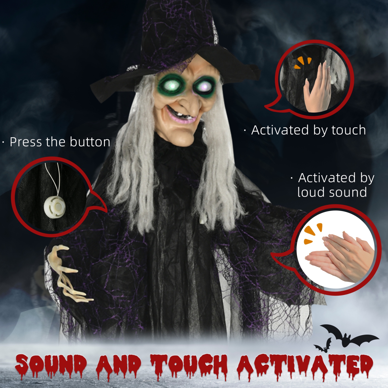 HOMCOM 6' Life Size Witch Outdoor Halloween Decoration, Sound and Motion Activated, Halloween Prop w/ Light Up Eyes, Speak Sound for Haunted House,
