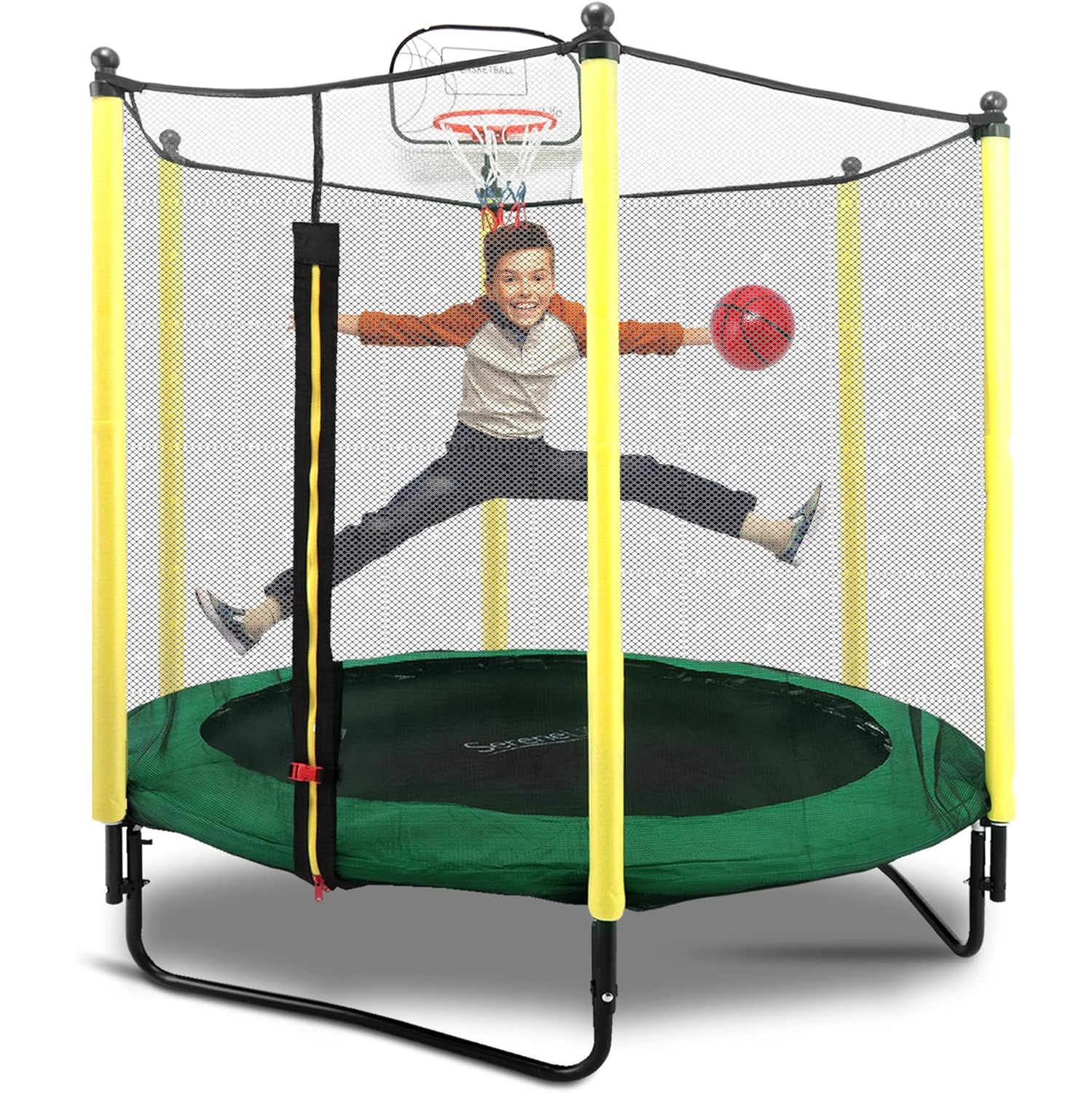 SereneLife 5ft Outdoor and Indoor Mini Toddler Trampoline with Enclosure Safety Net Basketball Hoop Jumping Fun Trampoline for Kids / Children,
