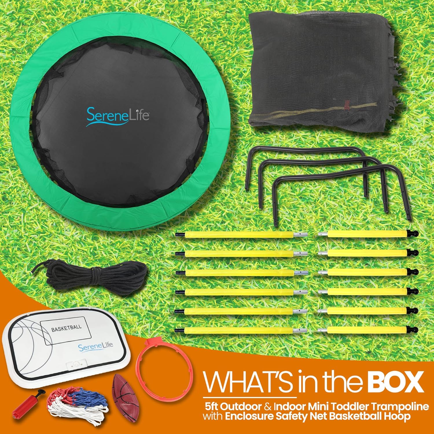 SereneLife 5ft Outdoor and Indoor Mini Toddler Trampoline with Enclosure Safety Net Basketball Hoop Jumping Fun Trampoline for Kids / Children,