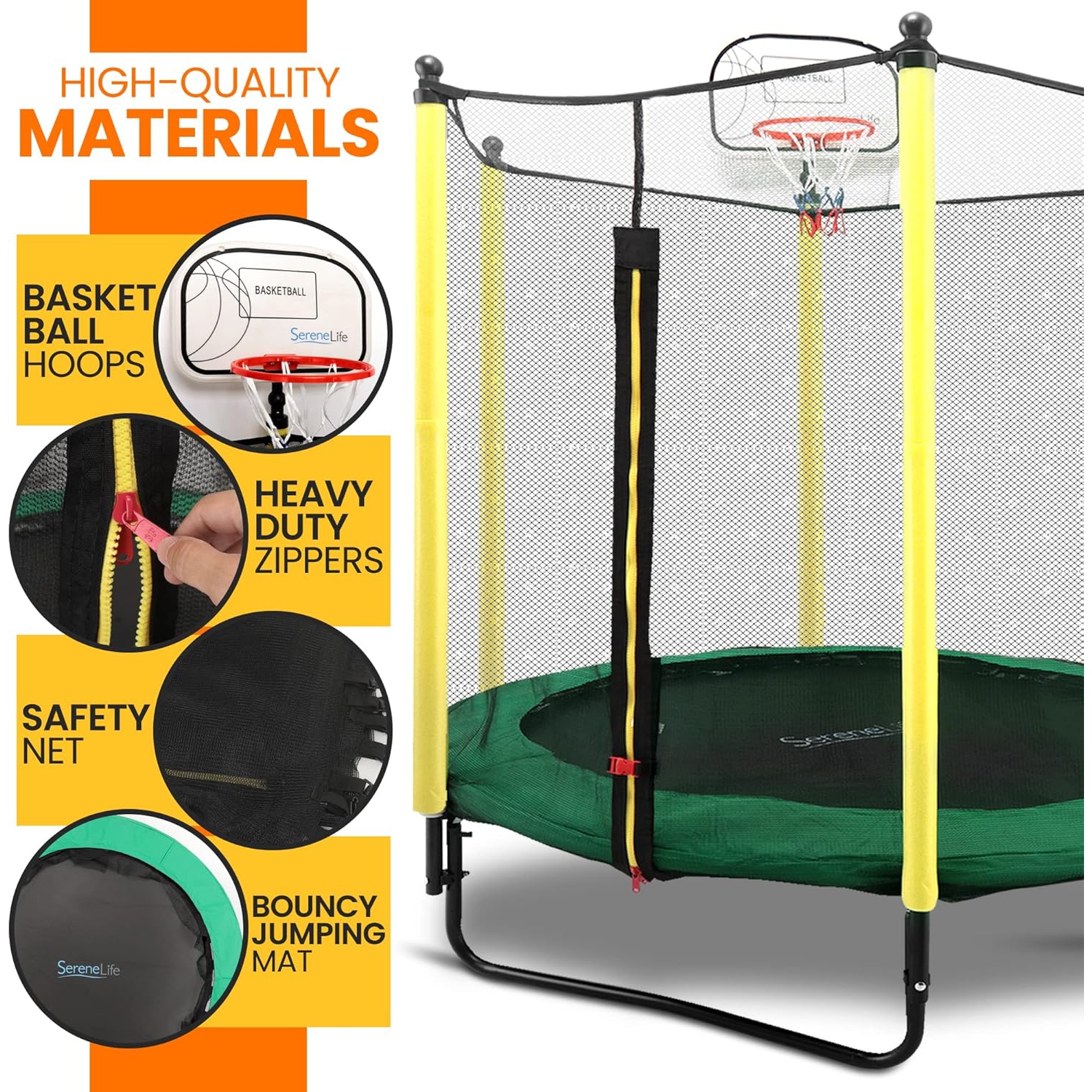 SereneLife 5ft Outdoor and Indoor Mini Toddler Trampoline with Enclosure Safety Net Basketball Hoop Jumping Fun Trampoline for Kids / Children,