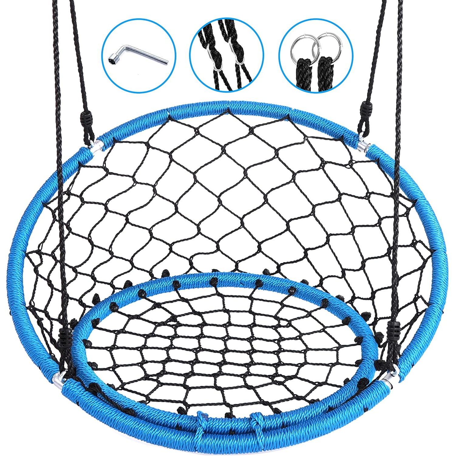 SereneLife Web Chair Swing 35.5" Inch Hanging Netted Seat Kids Indoor Outdoor Yard Round Circle Saucer Swing for Trees or Swing Sets - All Season UV
