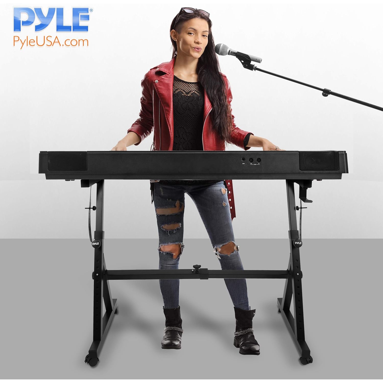 Pyle Port Universal Electronic Black Heavy-Duty Z Style Keyboard Organ Holder Rack Portable Piano Stand W/Adjustable Height and Width, Locking Wheels