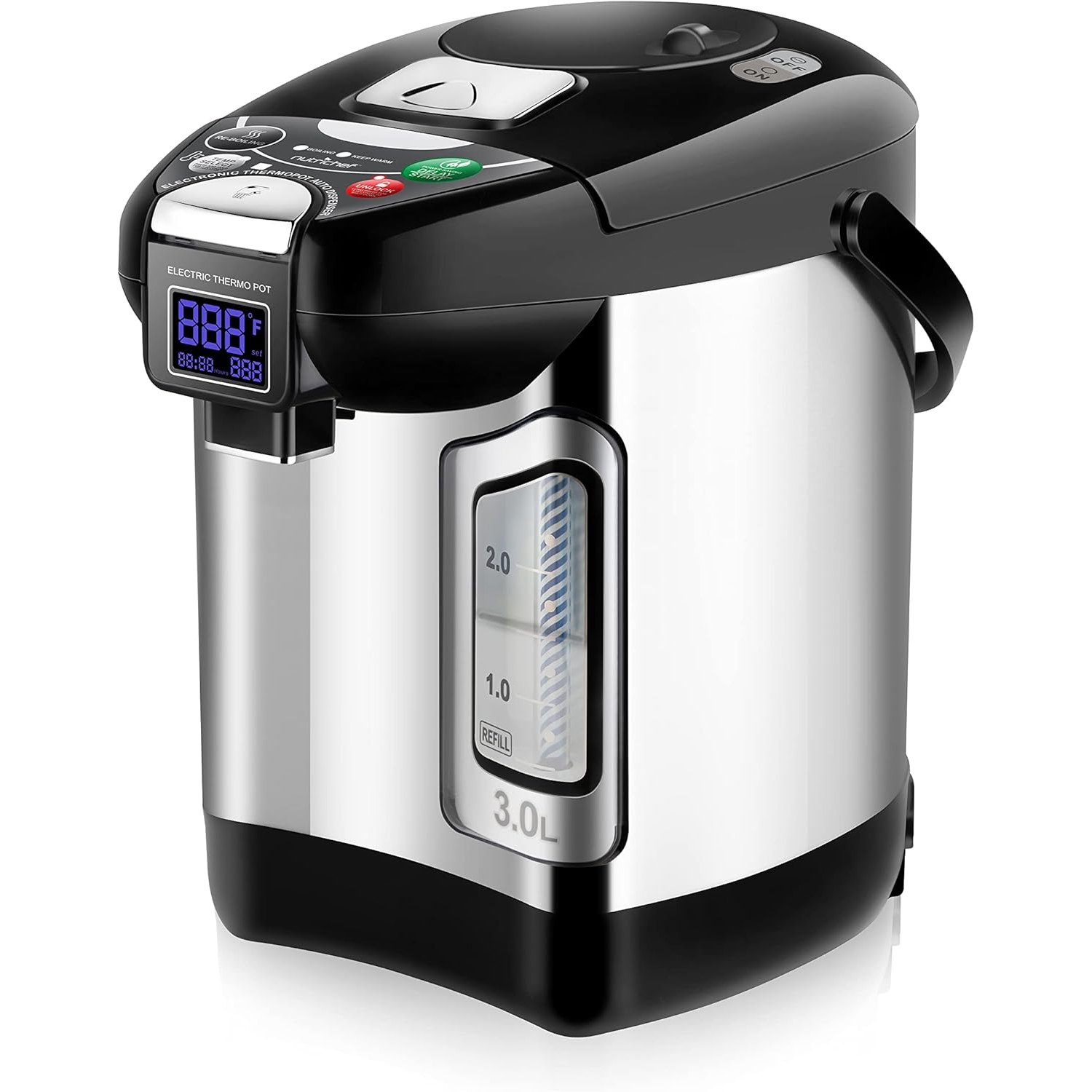 NutriChef Digital Water Boiler and Warmer - 3L/3.17 Qt Stainless Electric Hot Water Dispenser w/ LCD Display, Rotating Base, Keep Warm, Auto Shut Off, Safety Lock
