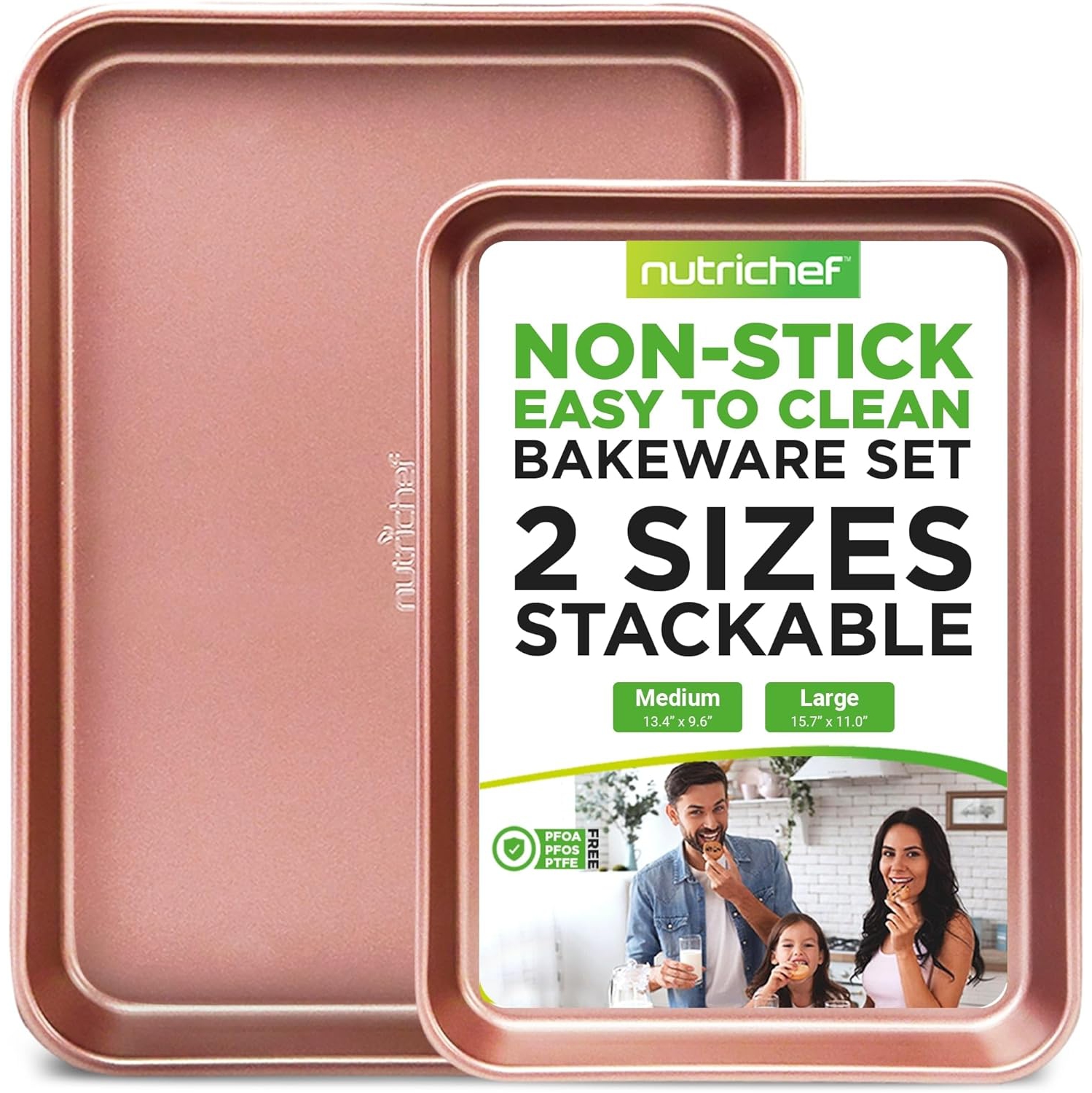 NutriChef 2-Piece Nonstick Cookie Sheet Baking Pans Set - Large & Medium Carbon Steel Oven Baking Trays – Stackable & Easy to Clean – Rose Gold, NC2TRRG.5