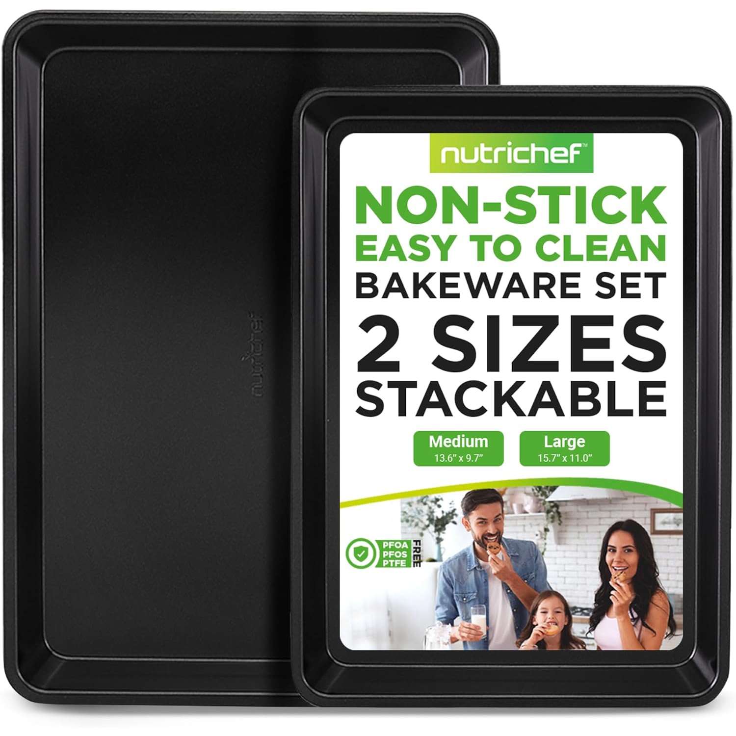 NutriChef Baking Sheet Pan Set, Non-Stick Cookie Sheets for Oven, 2-Piece Premium Large & Medium Size Baking Trays, Stackable & Durable, Black - NC2TRBL.5