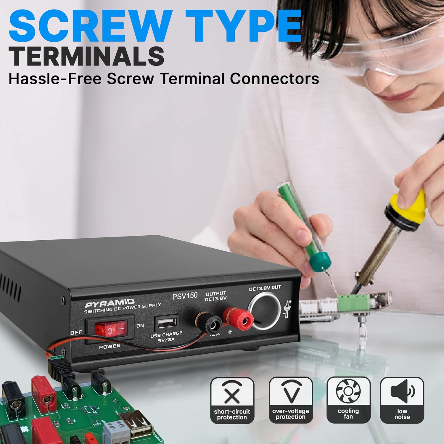 Pyramid Universal Compact Bench Power Supply- 12Amp Variable Linear Regulated Home Lab Benchtop AC-DC Power Converter - USB Port,Cigarette