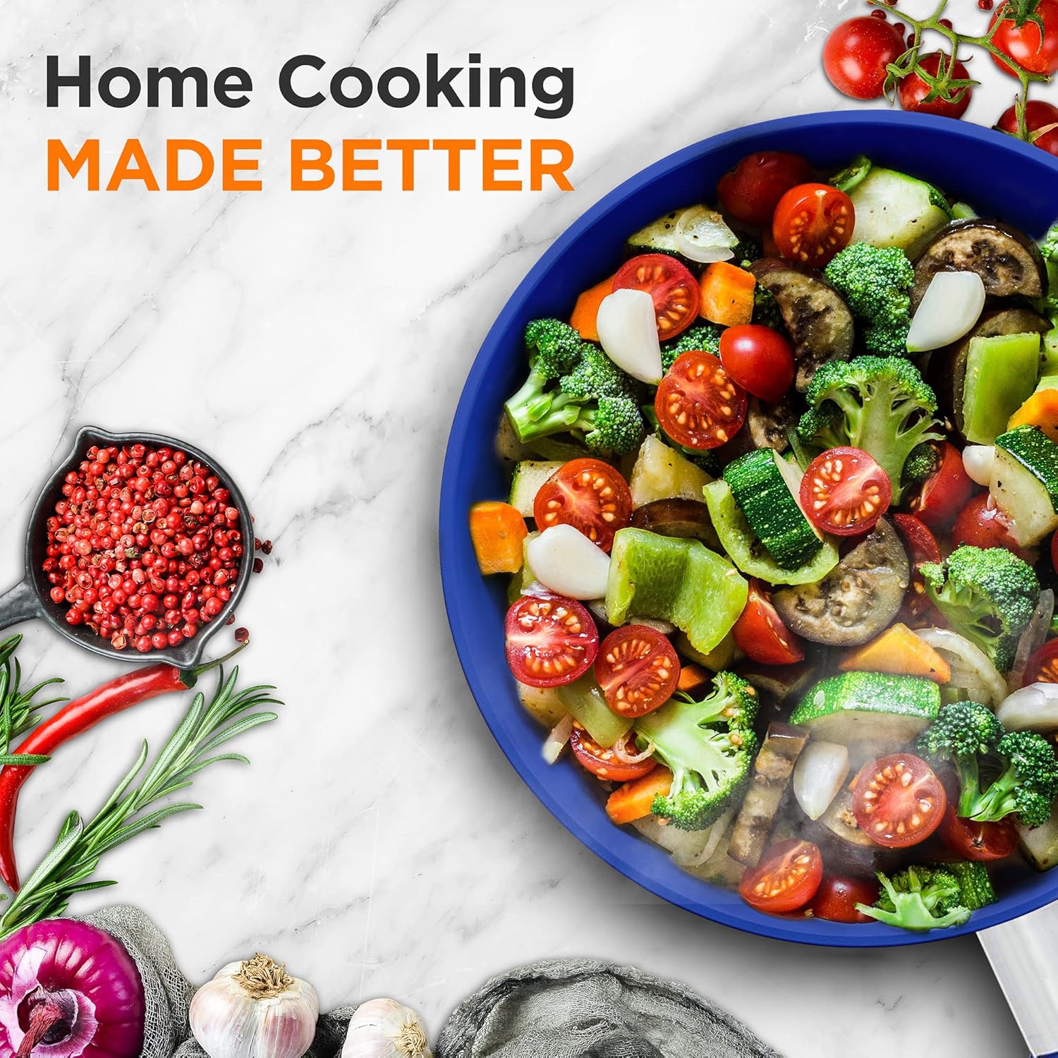 NutriChef 8" Fry Pan With Lid - Small Skillet Nonstick Frying Pan With Lid, Silicone Handle, Ceramic Coating, Blue Silicone Handle, Stain-Resistant