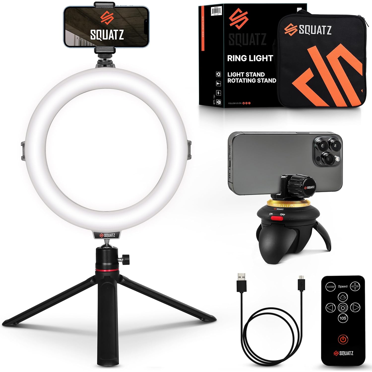 SQUATZ 8'' Small Ring Light for Desk with Stand and Phone Holder - 360 Rotating & Standard Desktop Tripod Kit - 14W Rotation Motion for Vloggers,