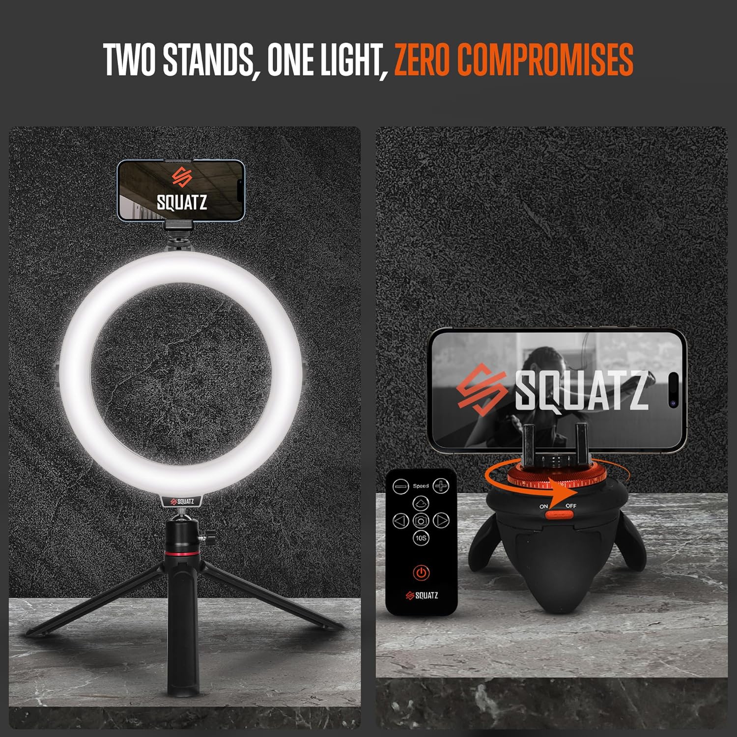 SQUATZ 8'' Small Ring Light for Desk with Stand and Phone Holder - 360 Rotating & Standard Desktop Tripod Kit - 14W Rotation Motion for Vloggers,