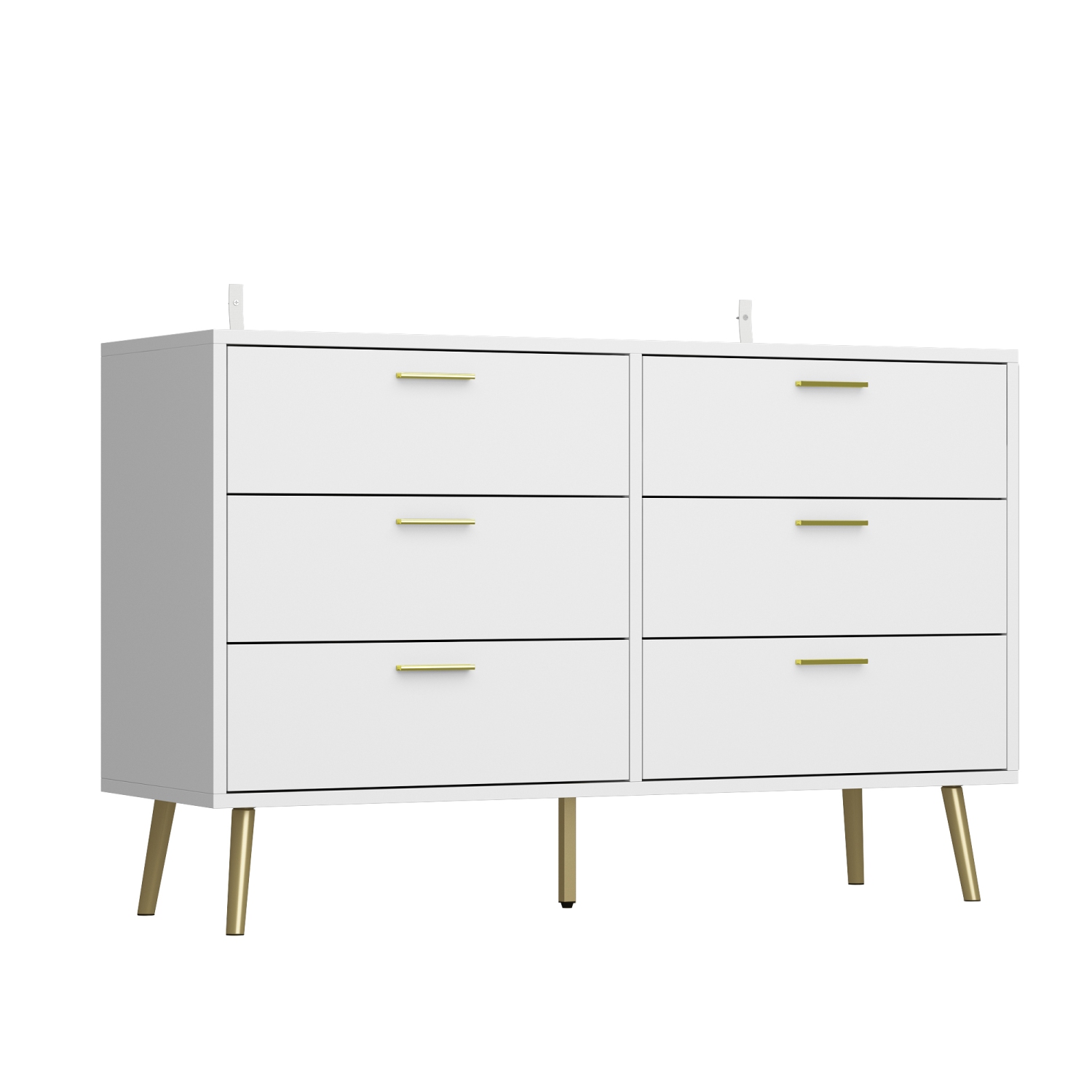 Commode double de Famapy à 6 tiroirs avec tiroirs, commode en bois et pattes en métal doré pour chambre, salon et couloir, blanc