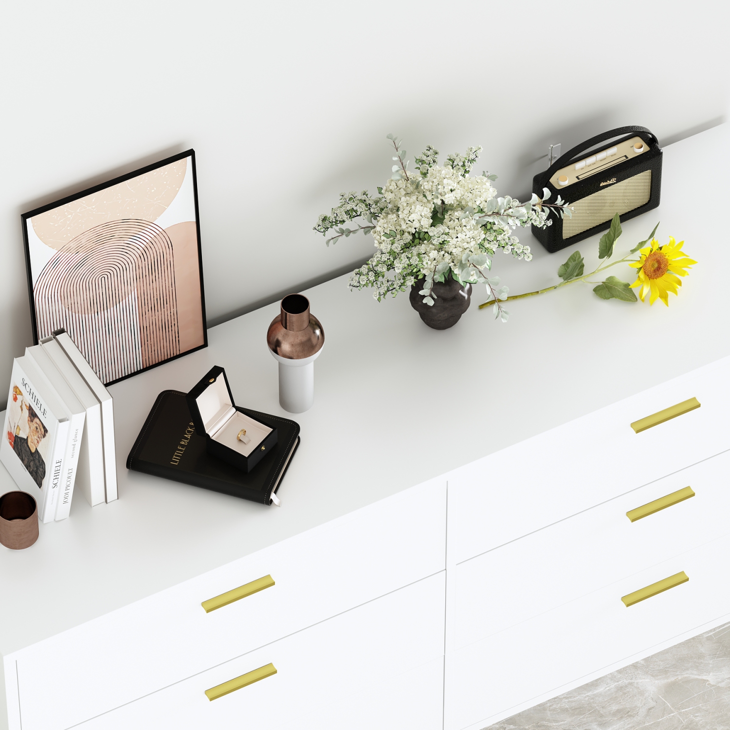 Commode double de Famapy à 6 tiroirs avec tiroirs, commode en bois et pattes en métal doré pour chambre, salon et couloir, blanc