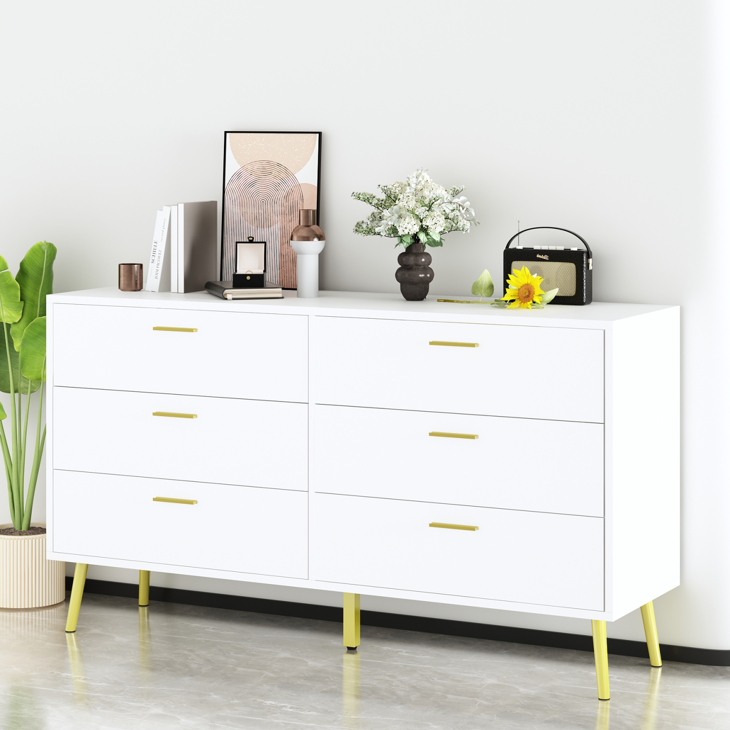 Commode double de Famapy à 6 tiroirs avec tiroirs, commode en bois et pattes en métal doré pour chambre, salon et couloir, blanc