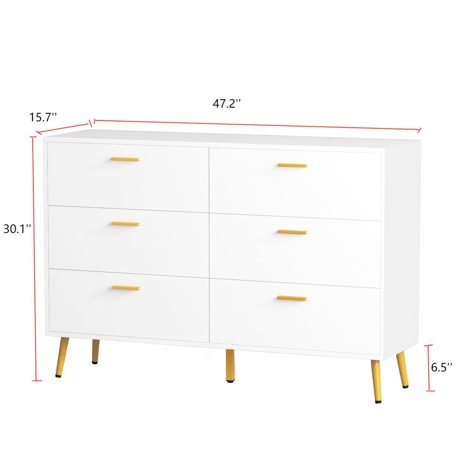 Commode double de Famapy à 6 tiroirs avec tiroirs, commode en bois et pattes en métal doré pour chambre, salon et couloir, blanc