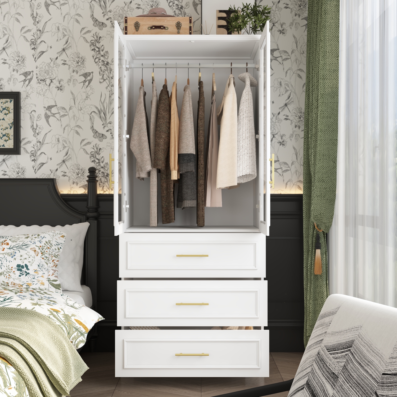 Famapy – Armoire élégante avec portes en verre, tiges à suspendre et tiroirs spacieux pour un rangement organisé pour chambre à coucher, blanc