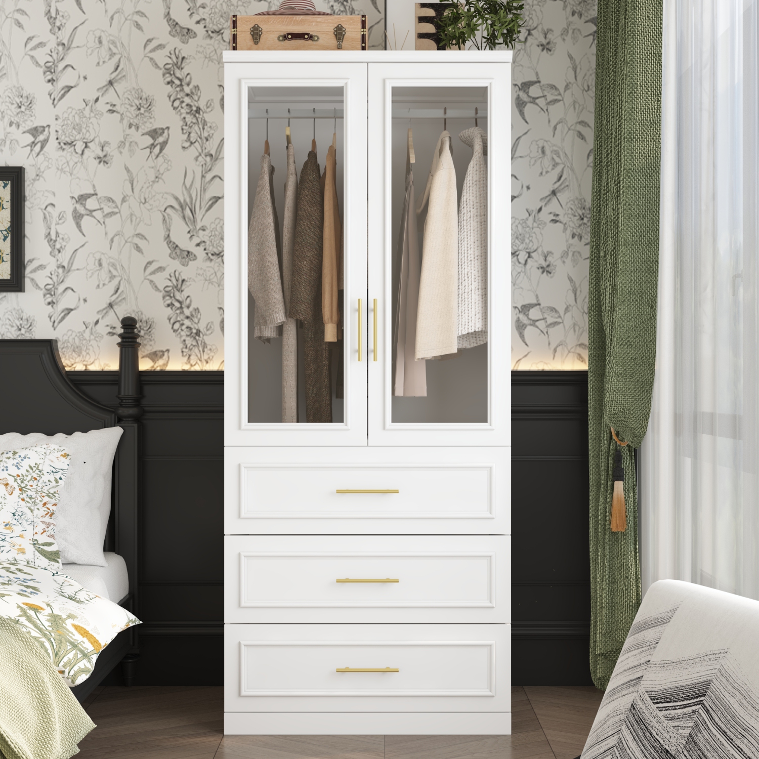 Famapy – Armoire élégante avec portes en verre, tiges à suspendre et tiroirs spacieux pour un rangement organisé pour chambre à coucher, blanc