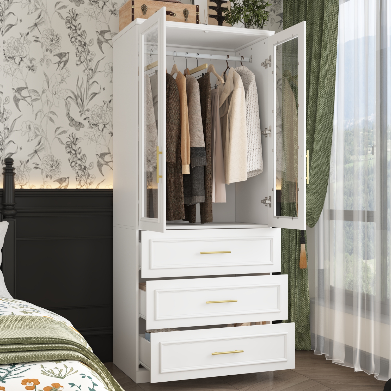 Famapy – Armoire élégante avec portes en verre, tiges à suspendre et tiroirs spacieux pour un rangement organisé pour chambre à coucher, blanc