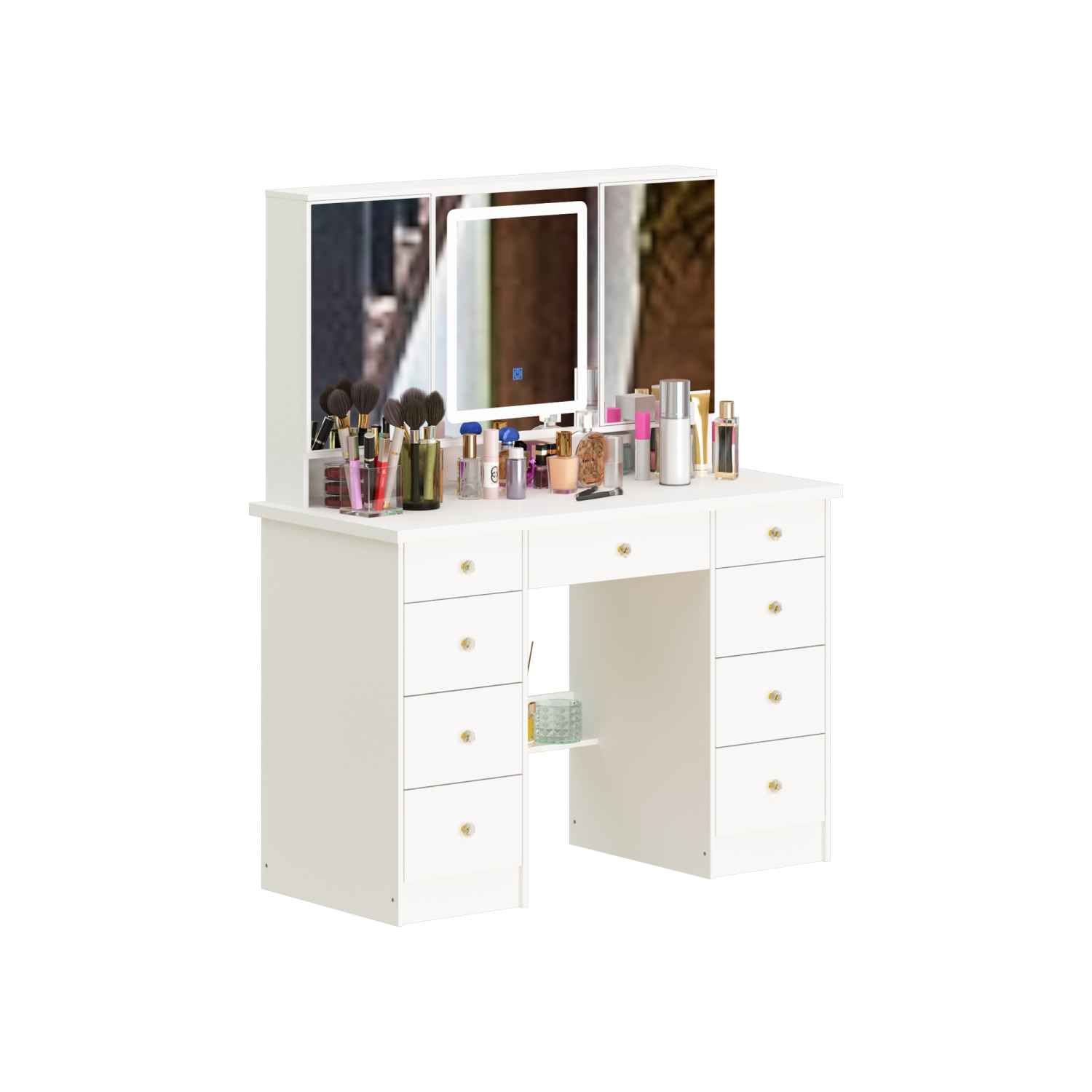 Famapy Vanity Desk Set Makeup Table with Large Three-color Illuminated Mirror, Dressing Table with 9 Drawers, Storage Shelves for Bedroom(43.3" W x 19.7" D x53.6" H) White