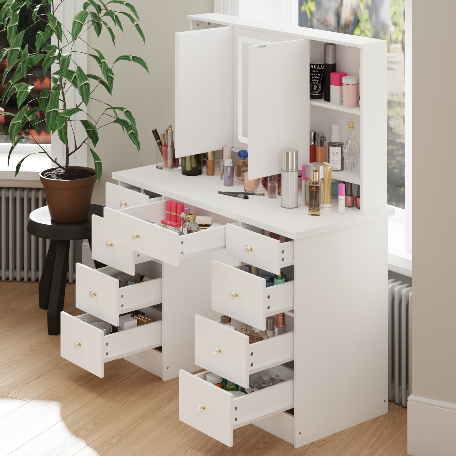 Famapy Vanity Desk Set Makeup Table with Large Three-color Illuminated Mirror, Dressing Table with 9 Drawers, Storage Shelves for Bedroom(43.3" W x