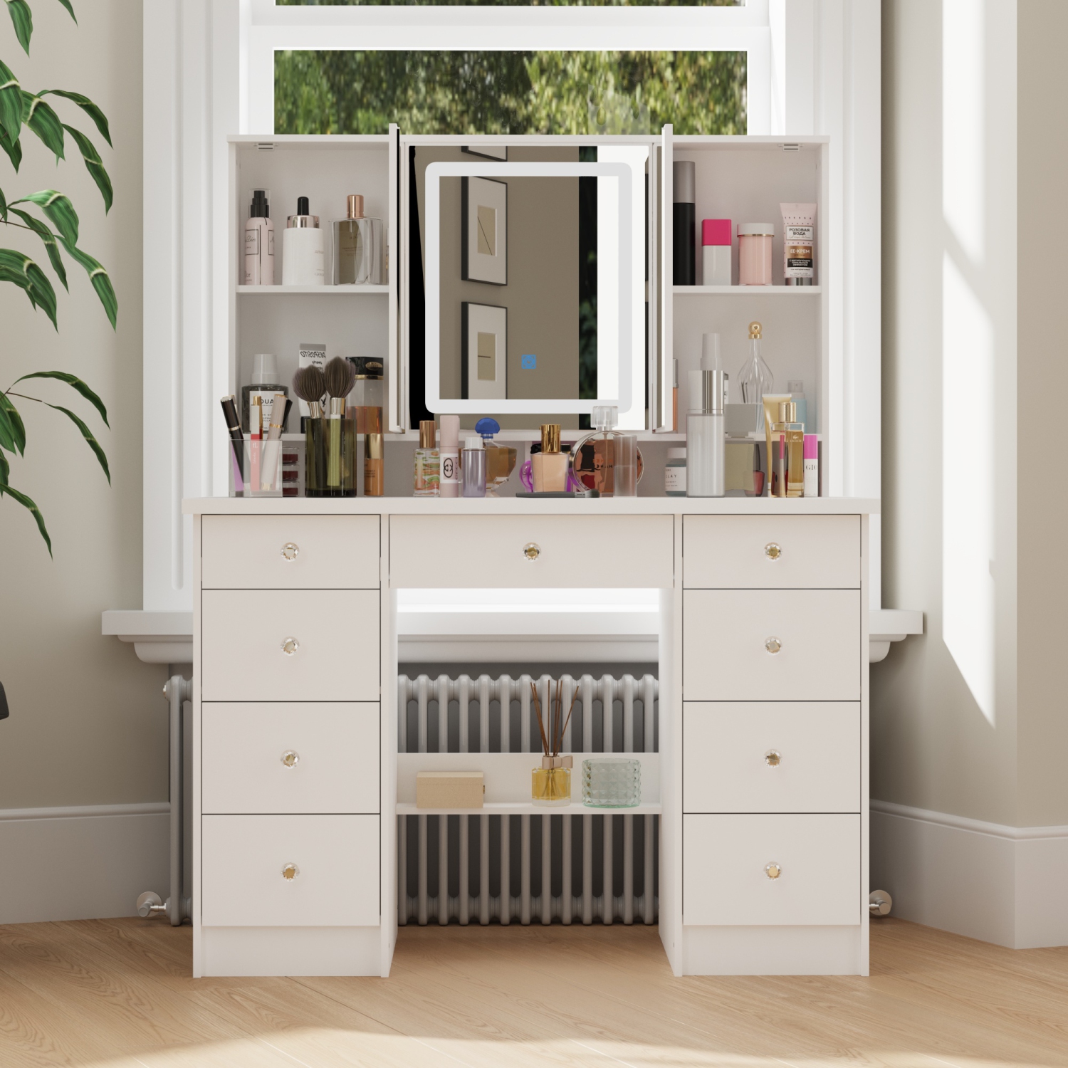 Famapy Vanity Desk Set Makeup Table with Large Three-color Illuminated Mirror, Dressing Table with 9 Drawers, Storage Shelves for Bedroom(43.3" W x