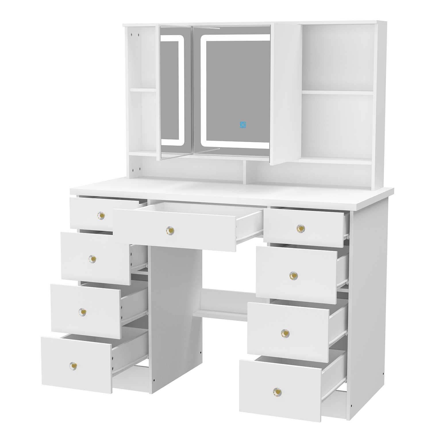 Famapy Vanity Desk Set Makeup Table with Large Three-color Illuminated Mirror, Dressing Table with 9 Drawers, Storage Shelves for Bedroom(43.3" W x