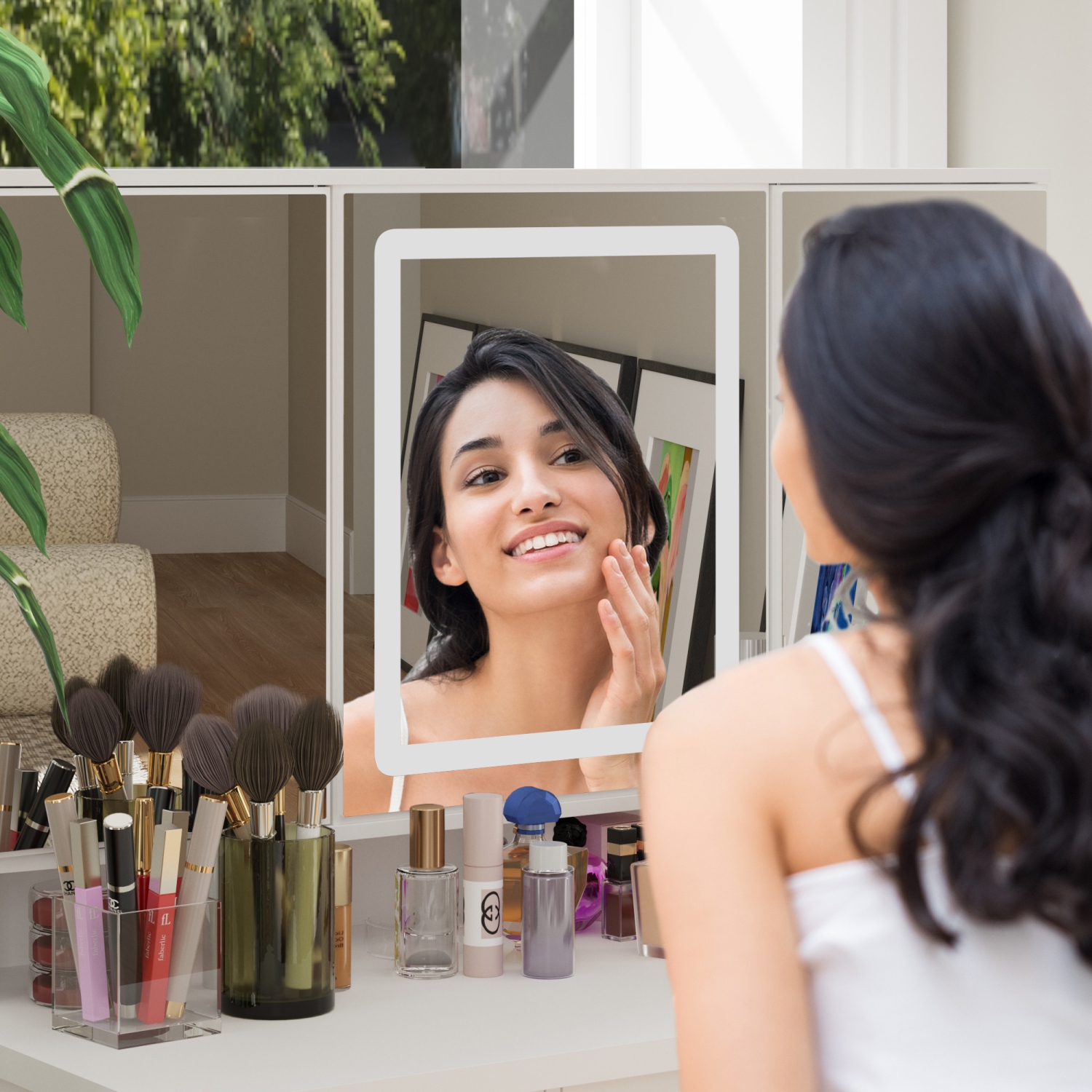 Famapy Vanity Desk Set Makeup Table with Large Three-color Illuminated Mirror, Dressing Table with 9 Drawers, Storage Shelves for Bedroom(43.3" W x