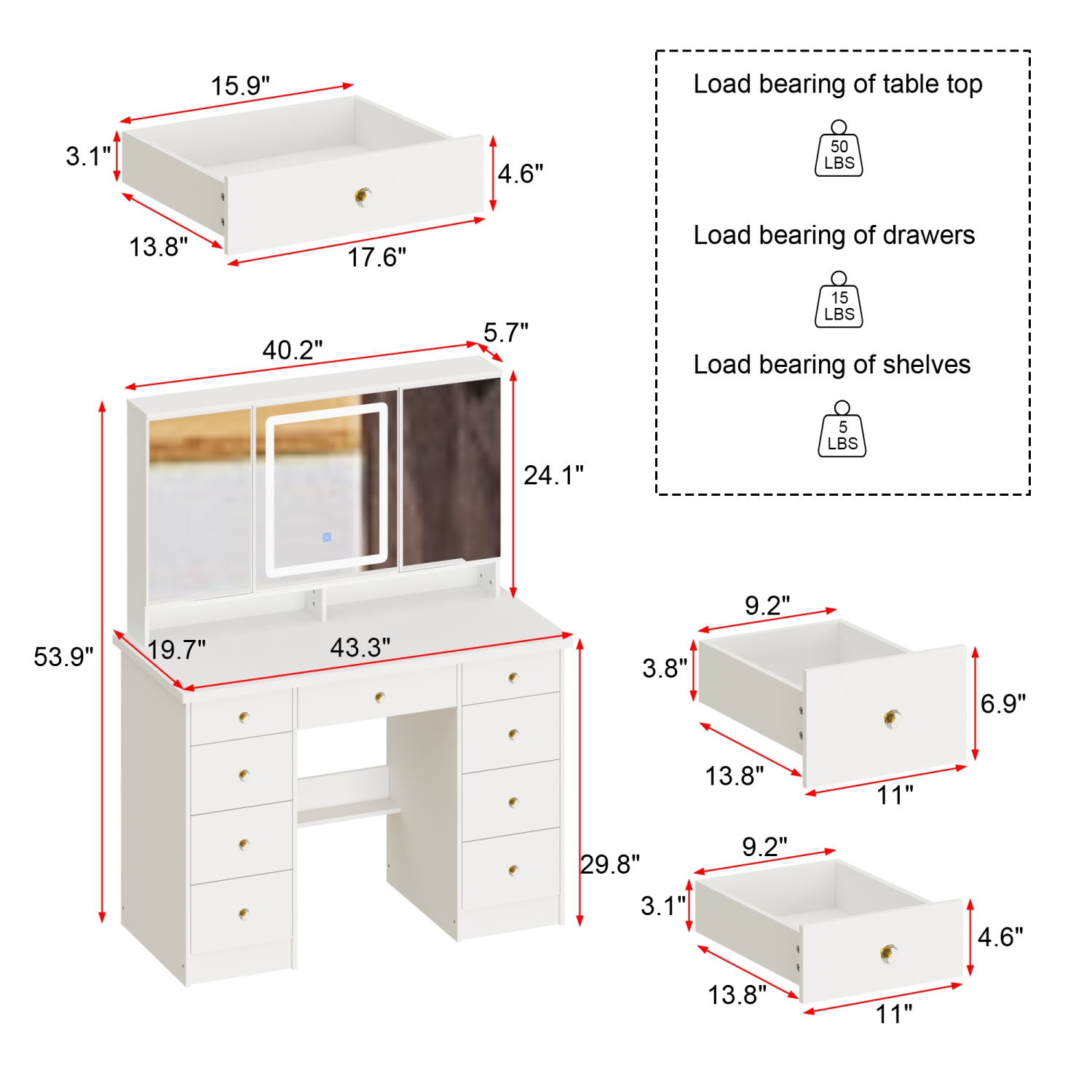 Famapy Vanity Desk Set Makeup Table with Large Three-color Illuminated Mirror, Dressing Table with 9 Drawers, Storage Shelves for Bedroom(43.3" W x