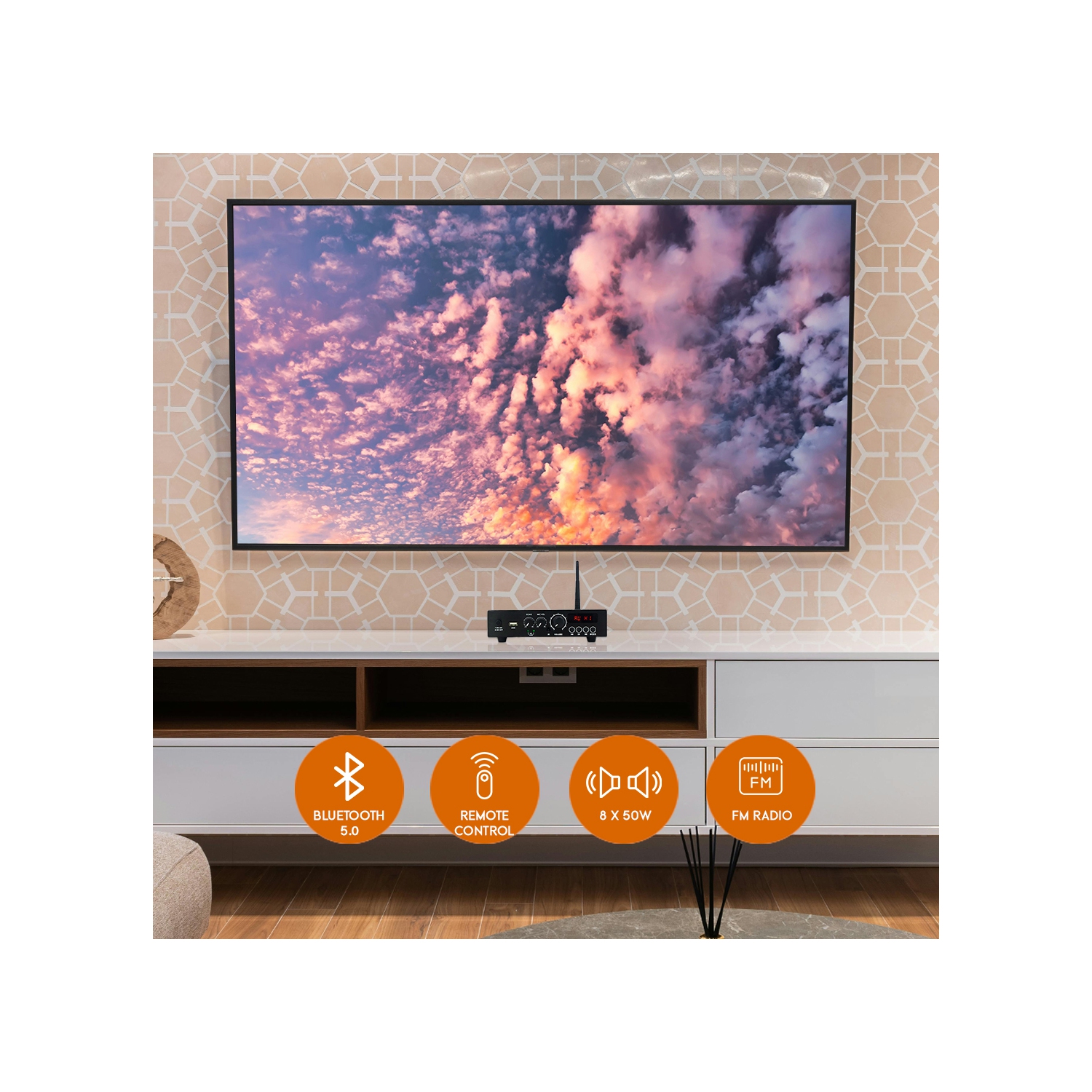 Amplificateur numérique à 2 canaux SecurLink 2 x 50&nbsp;W, 4-8&nbsp;Ohm, Bluetooth 5,0, télécommande