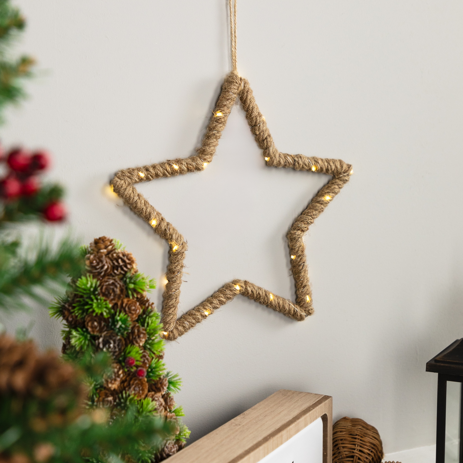 Lighted Jute Wrapped Star Silhouette Christmas Hanging Decoration - 11.5"
