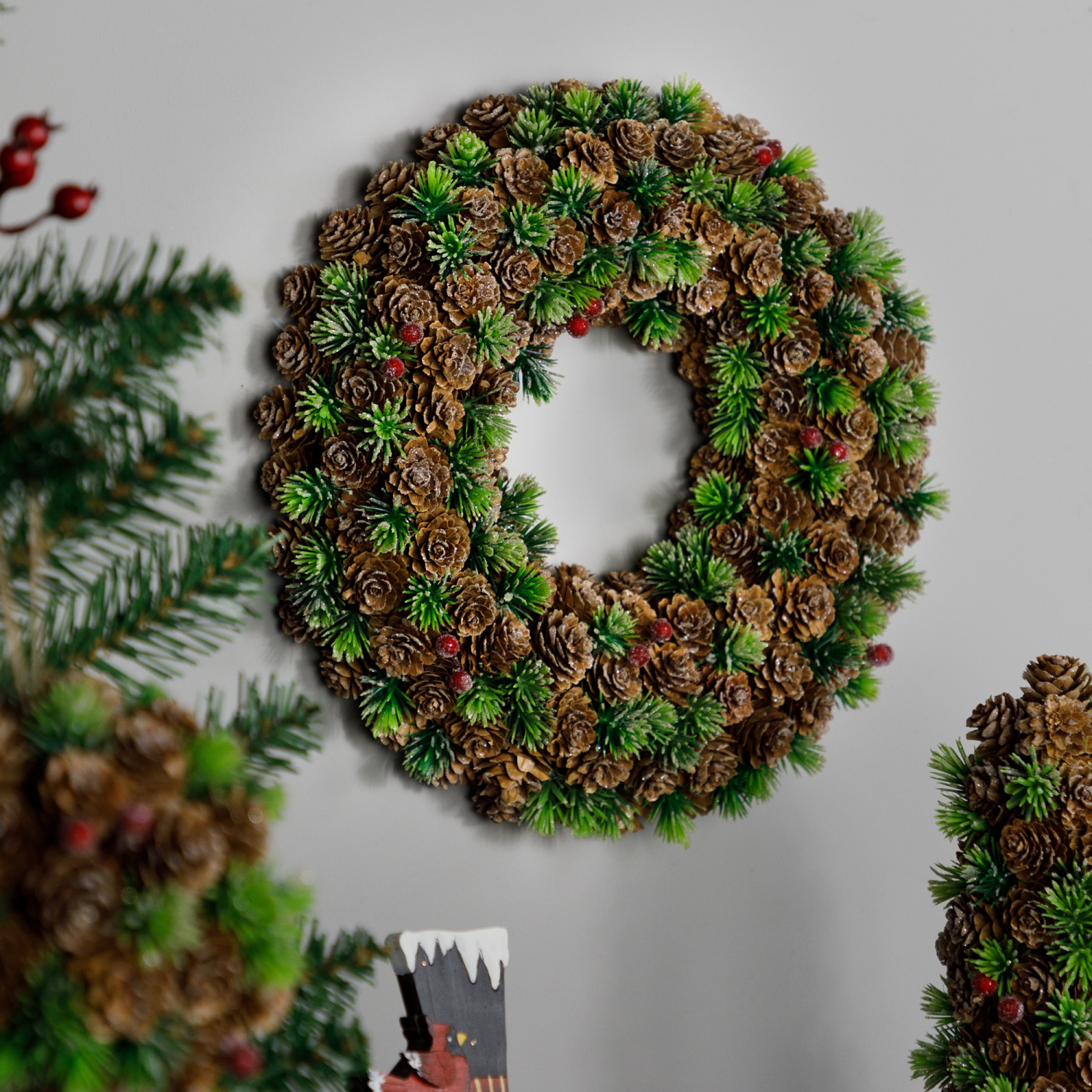 MIni Pinecone and Berries Frosted Christmas Wreath - 13" - Unlit