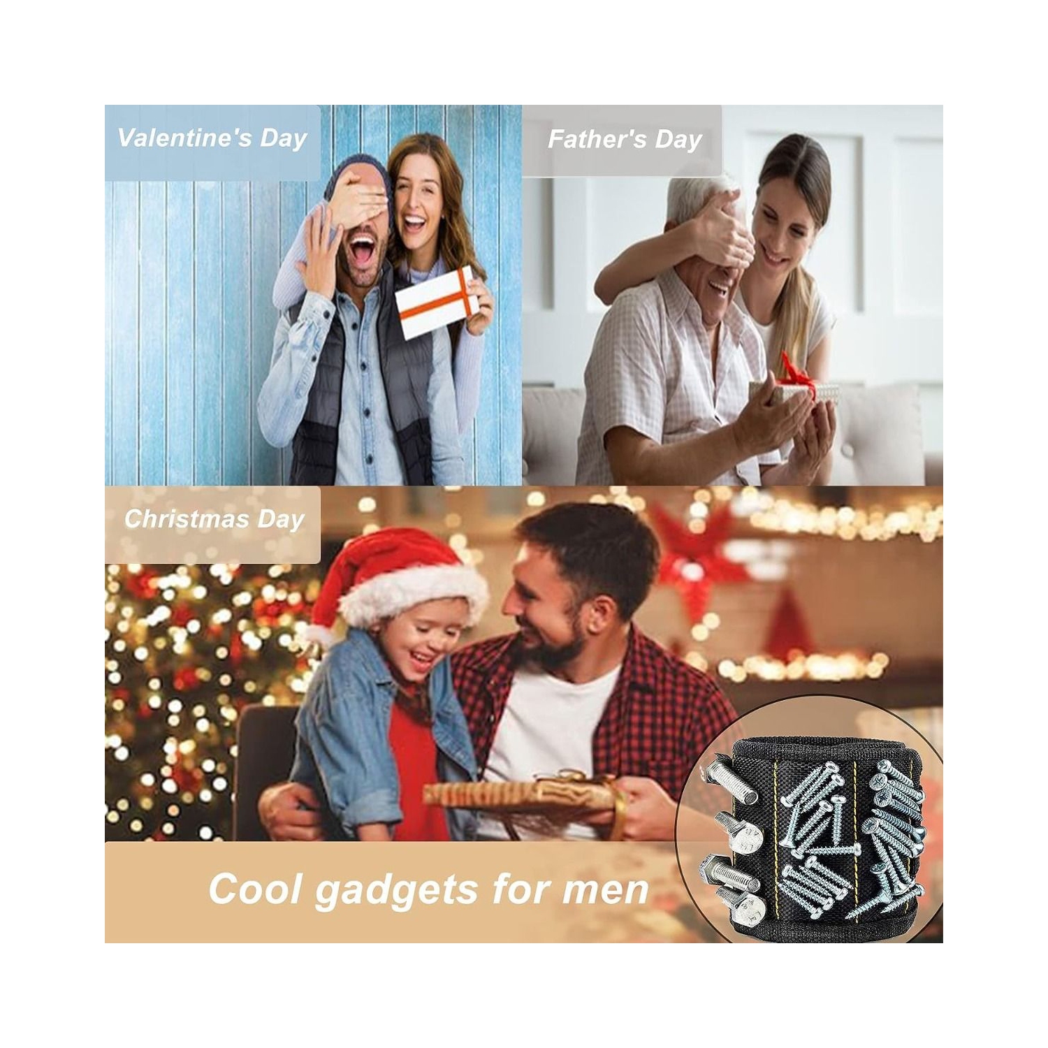 Bracelet magnétique - Cadeaux pour hommes - Gadgets Cadeau pour hommes - Outil Bracelet avec 15 aimants puissants, Meilleur outil Cadeaux pour papa
