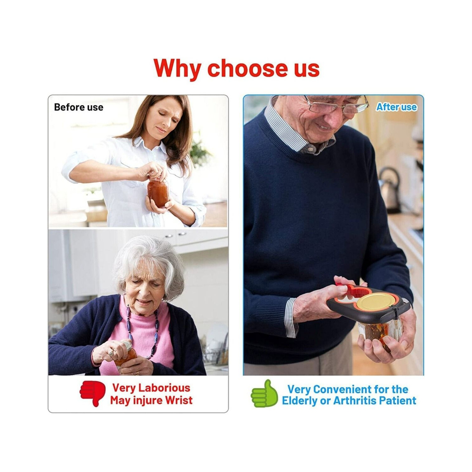 1PC ouvre-bocal 4-en-1 ergonomique multifonctionnel - ouverture sans effort pour les mains arthritiques, les aînés avec arthrite, faible prise -